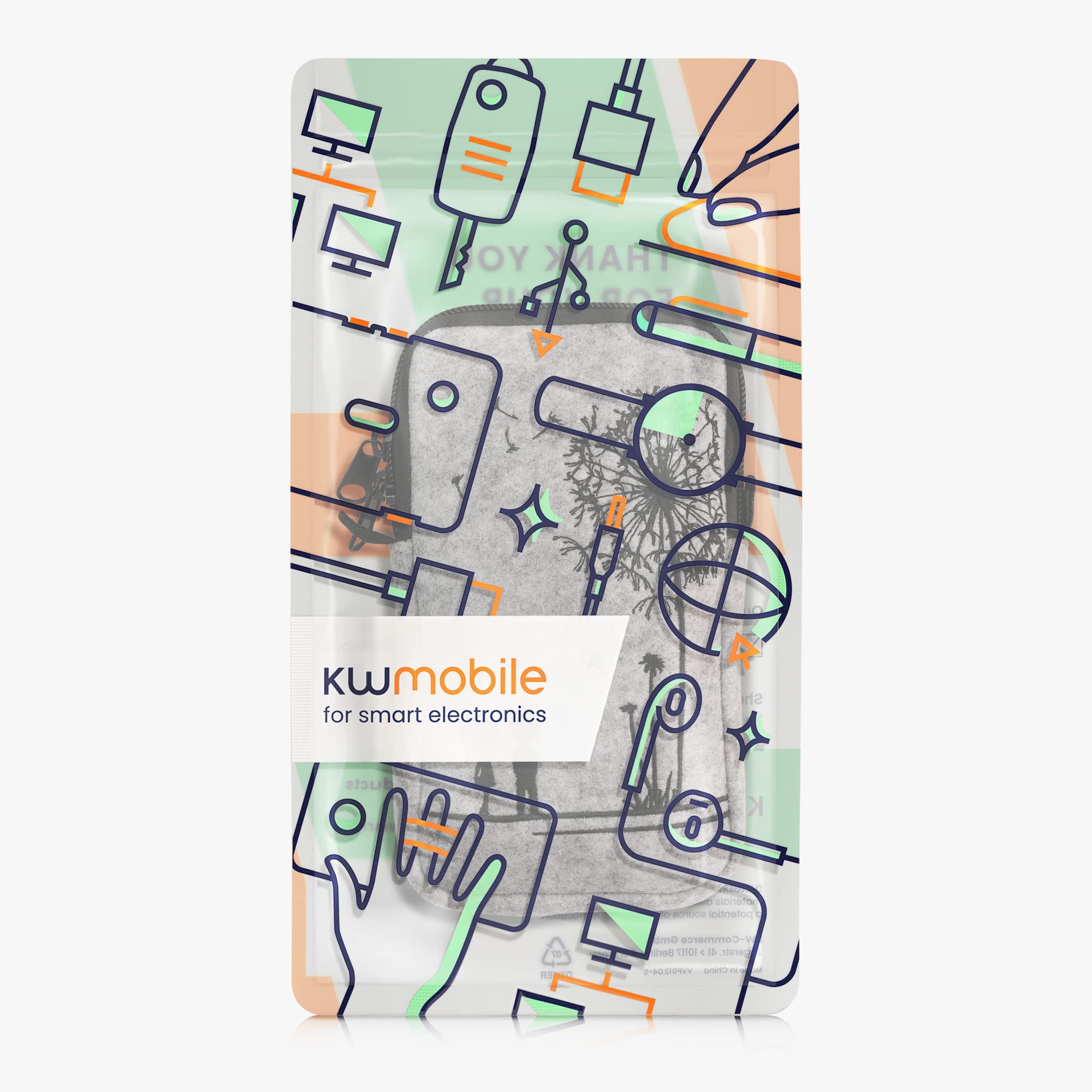 kwmobile Filcowa torba na telefon z wzorem L - 16,5 cm - uchwyt na pasek 16,5 x 8,9 cm - Dandelion Love czarny/jasnoszary