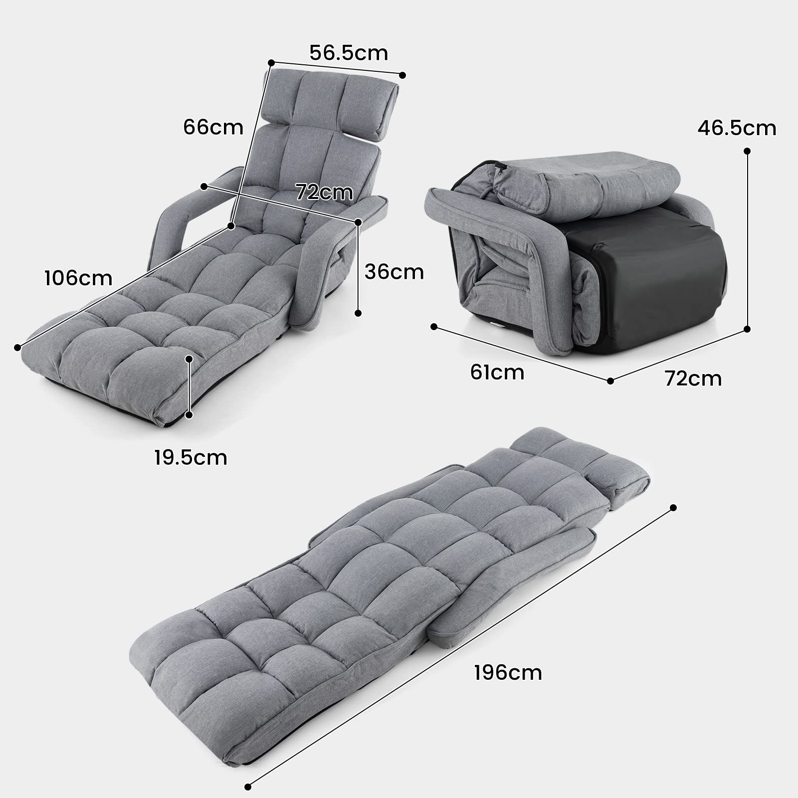 RELAX4LIFE Chaise Paresseuse Rembourré avec Dossier 90°-180°et Oreiller, Fauteuil au Sol Pliable en Surface Suède, Convient au Bureau, Lire, 196 x 72 x 20CM