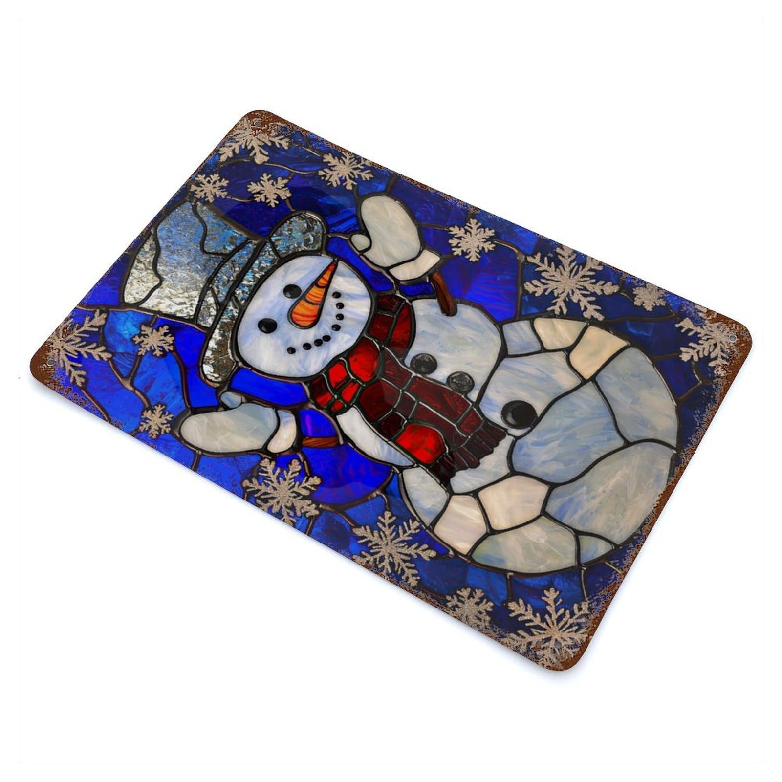 Stained Glass Snowman Rust Effect Tin Sign 11.8"x7.9", Ideal for Garage, Bar And Workshop Decor