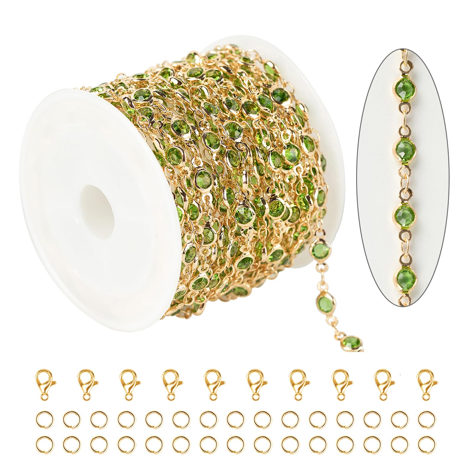 KYUNHOO 16.4ft Jewelry Chain for Crafts Making, Green Glass Bead Necklace Chains Bulk for Women with Jump Rings and Lobster Clasps Jewelry Findings