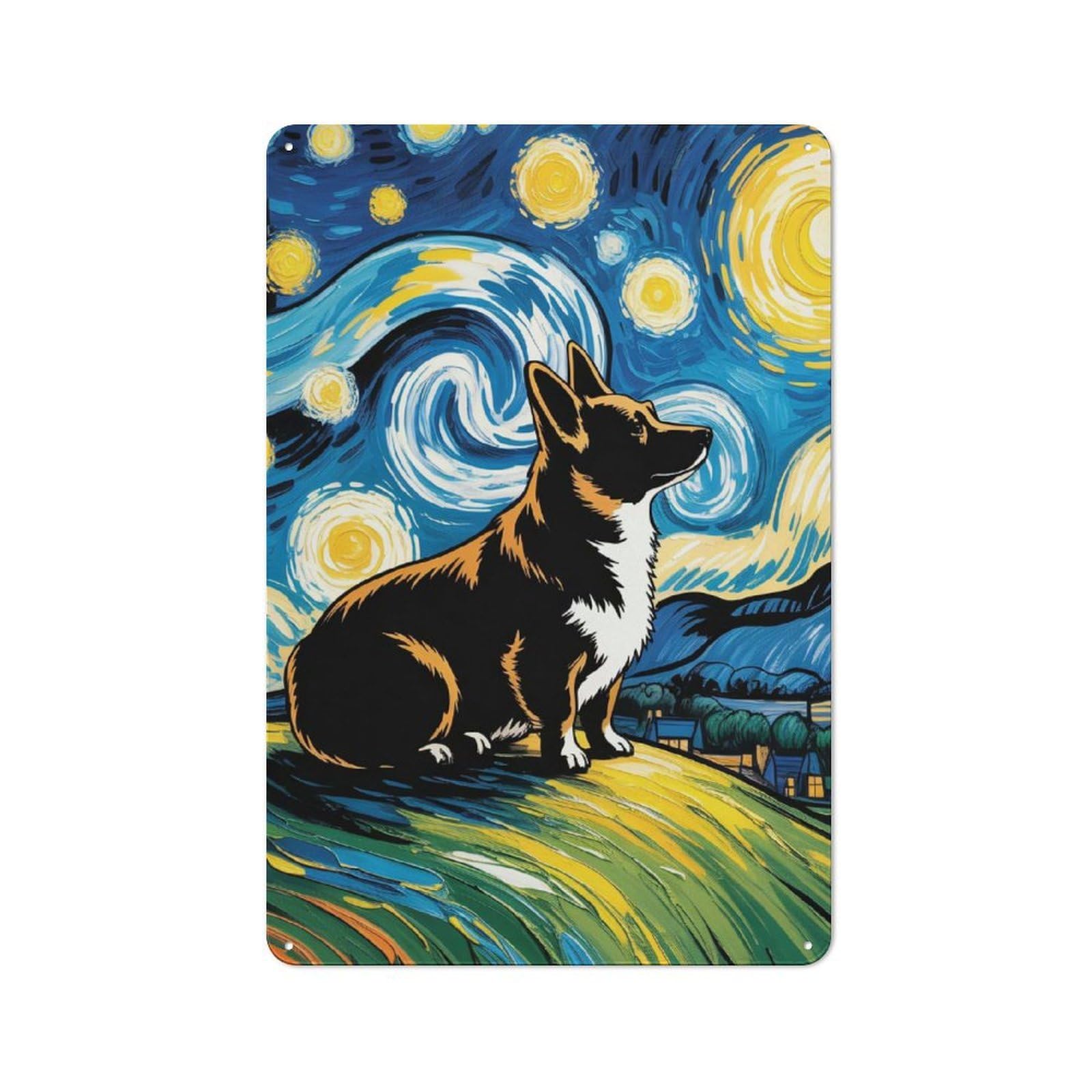 Junmoney Style-17 Cute Corgi At Night Cottage Style Metal Wall Decor 30X20cm, Decorative Tin Sign For Cottage, Kitchen, Hallway Or Breakfast Nook
