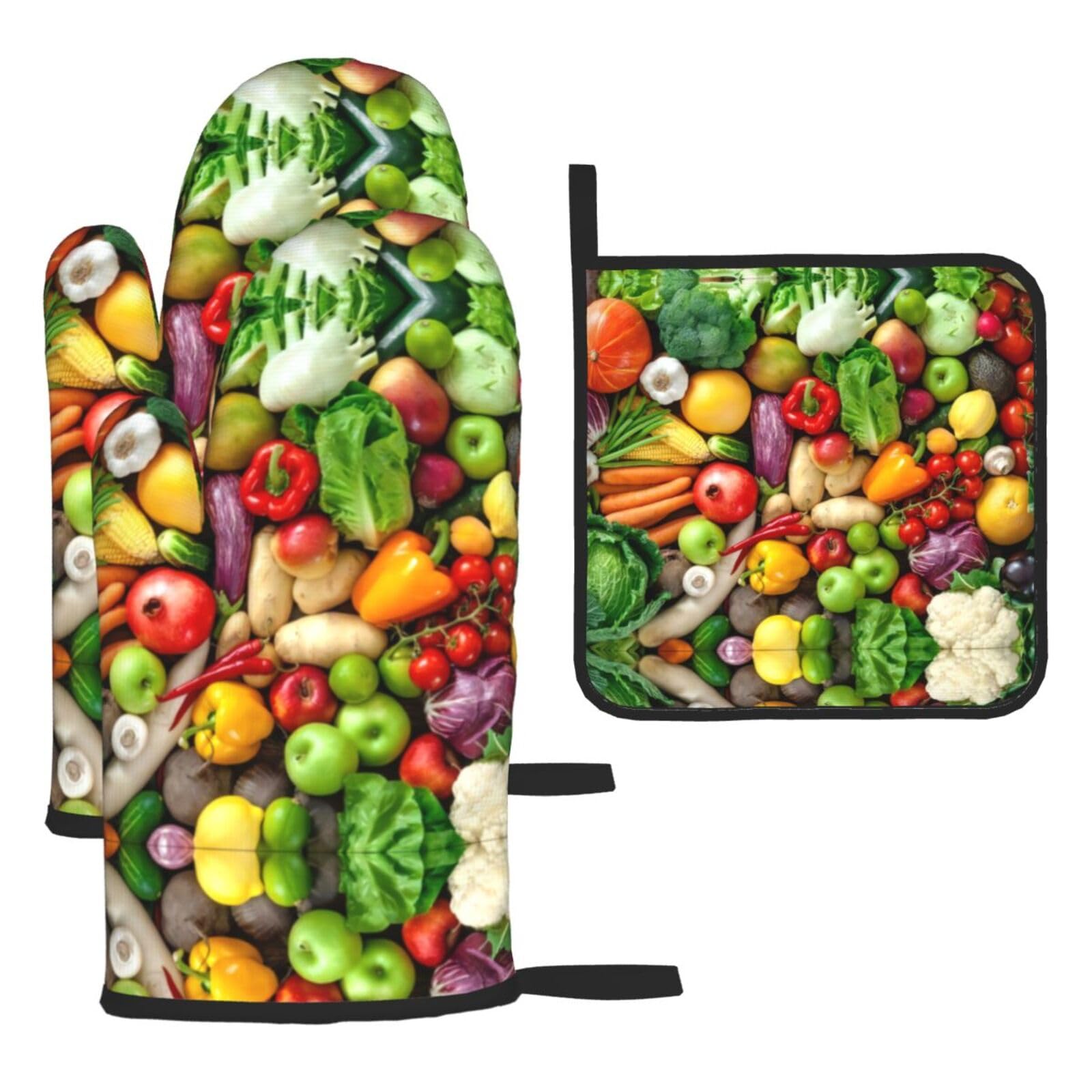 Fresh Fruits and Vegetables 3 Piece Kitchen Oven Mitt Set Heat Resistant Gloves with Pot Holder Mat Polyester Printed for Cooking Baking BBQ Grill