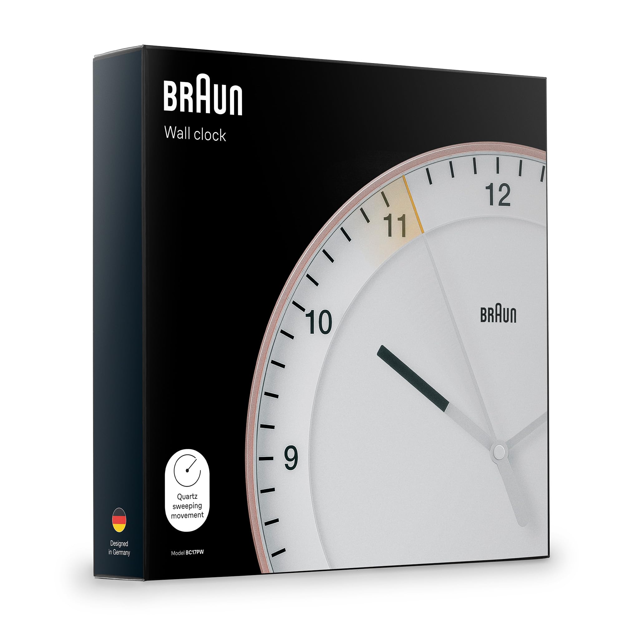 Braun Klassische große analoge Wanduhr geräuschlosem Sweep-Uhrwerk, leicht ablesbar, 30 cm Durchmesser in Rosé und Weiß, Modell BC17PW.