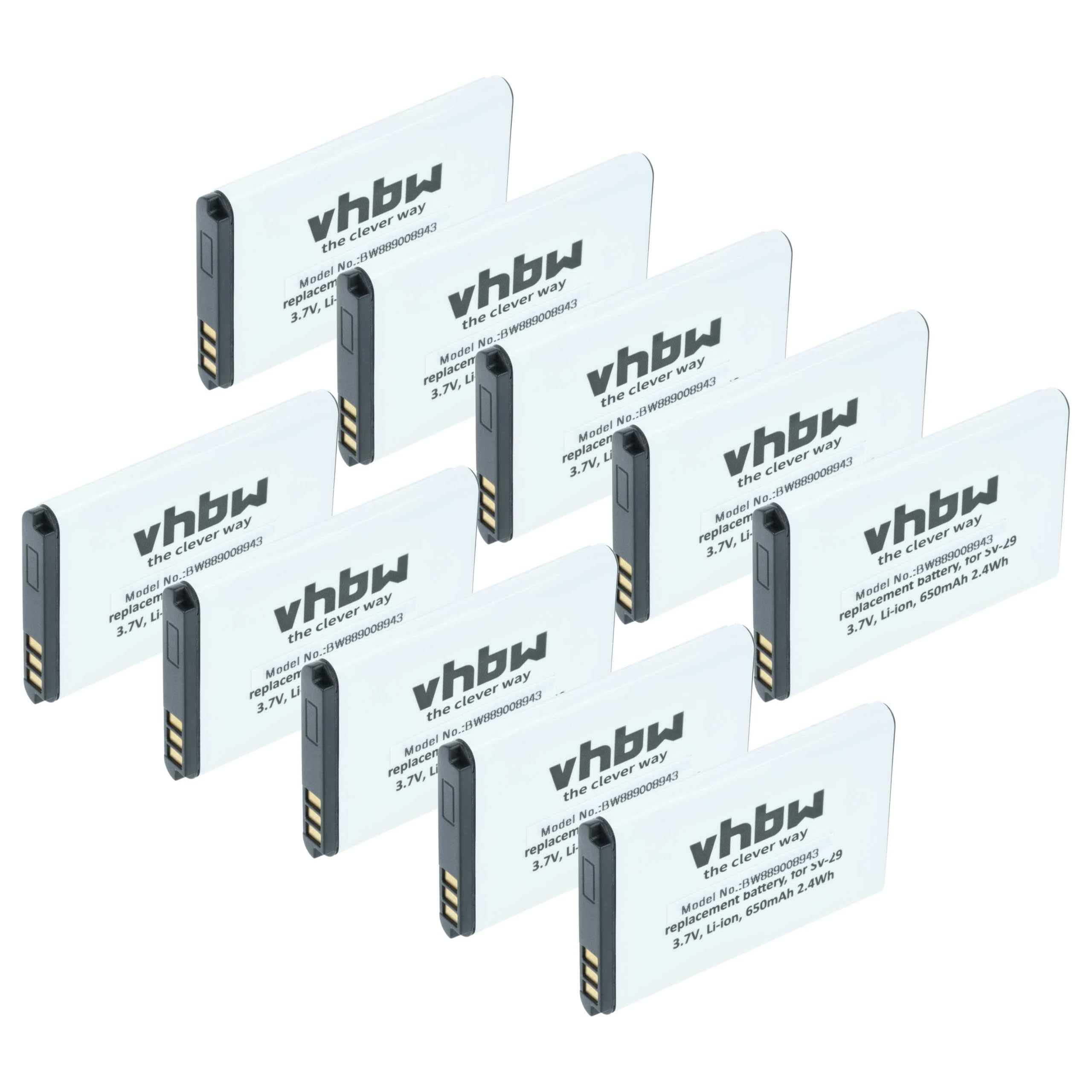 vhbw 10 x bateria kompatybilna z Aligator R5, D730, D830, A500i, A600, A350, A400, A290, A330 (650 mAh, 3,7 V, Li-Ion)
