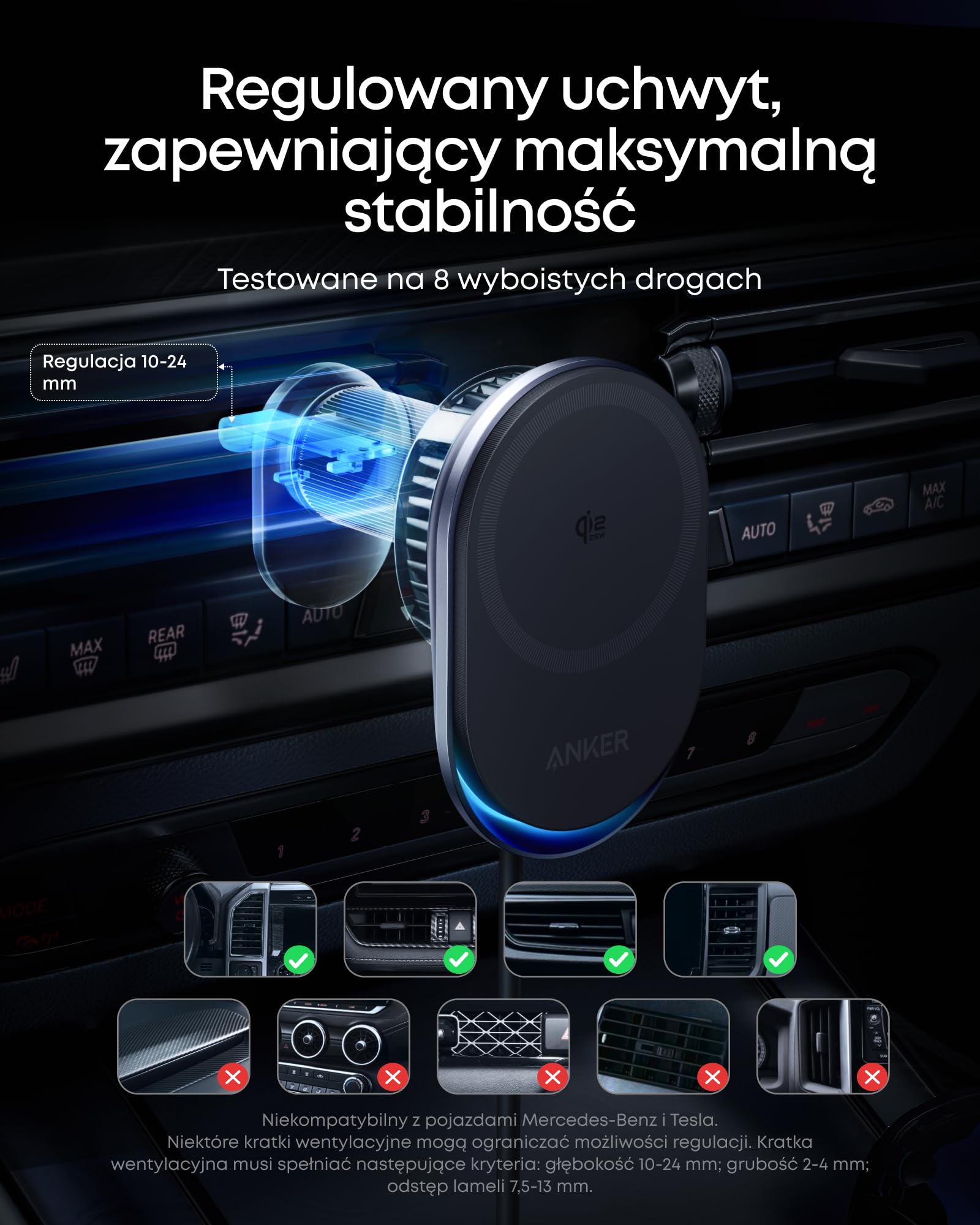 Anker Prime Magsafe Ładowarka samochodowa, bezprzewodowa ładowarka samochodowa z certyfikatem Qi2 25 W i aktywnym chłodzeniem TEC, mocne magnesy, uchwyt na kratkę wentylacyjną do iPhone'a 17-12