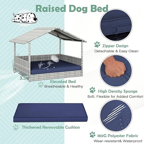 Miniatura 3 de Casa de mimbre para perros al aire libre, cama impermeable de polietileno de alta densidad para perros con toldo, cuna elevada para mascotas, sofá
