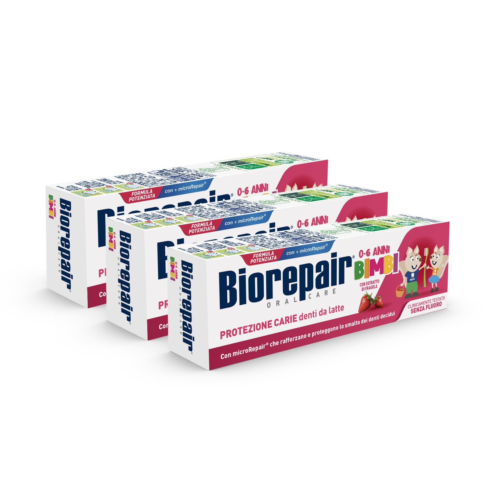 Biorepair, Pasta do zębów dla dzieci w wieku 0-6 lat, 3 opakowania, pasta do zębów dla dzieci Biorepair bez fluoru, smak truskawek, przeciwgorączka, dla zdrowych dziąseł, 50 ml