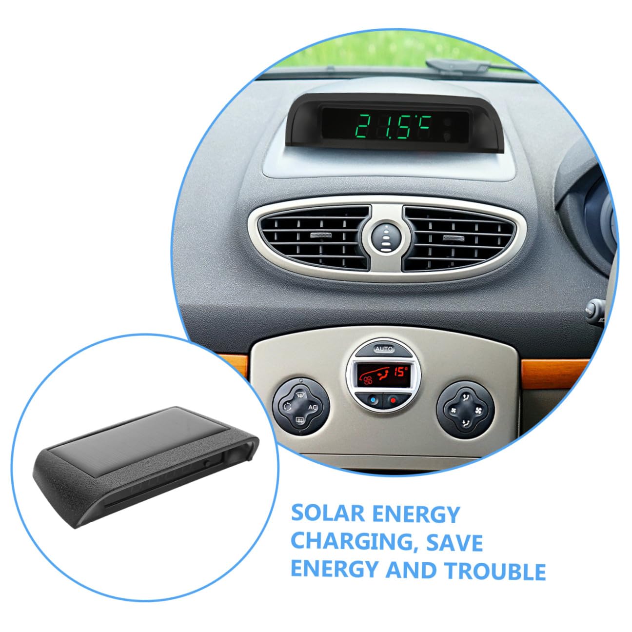 Reloj para Coche con Termómetro Solar Reloj Electrónico de Alta Precisión con Automático de Brillo Pantalla LED Visible Día y Noche Instalación sin Taladro de Energía y Fácil