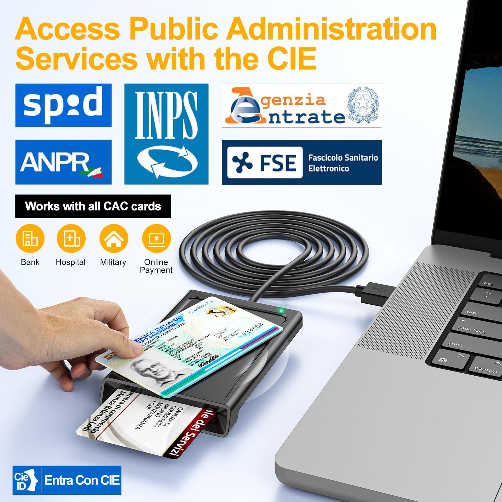 Lettore CIE 3.0 Carta d'identità Elettronica e Tessera Sanitaria Italiana,USB Lettore Smart Card Firma Digitale Lettore Smart contatto e contactless CIE/CRS/CNS,Lettore NFC per PC Windows 10 11 Linux - 3