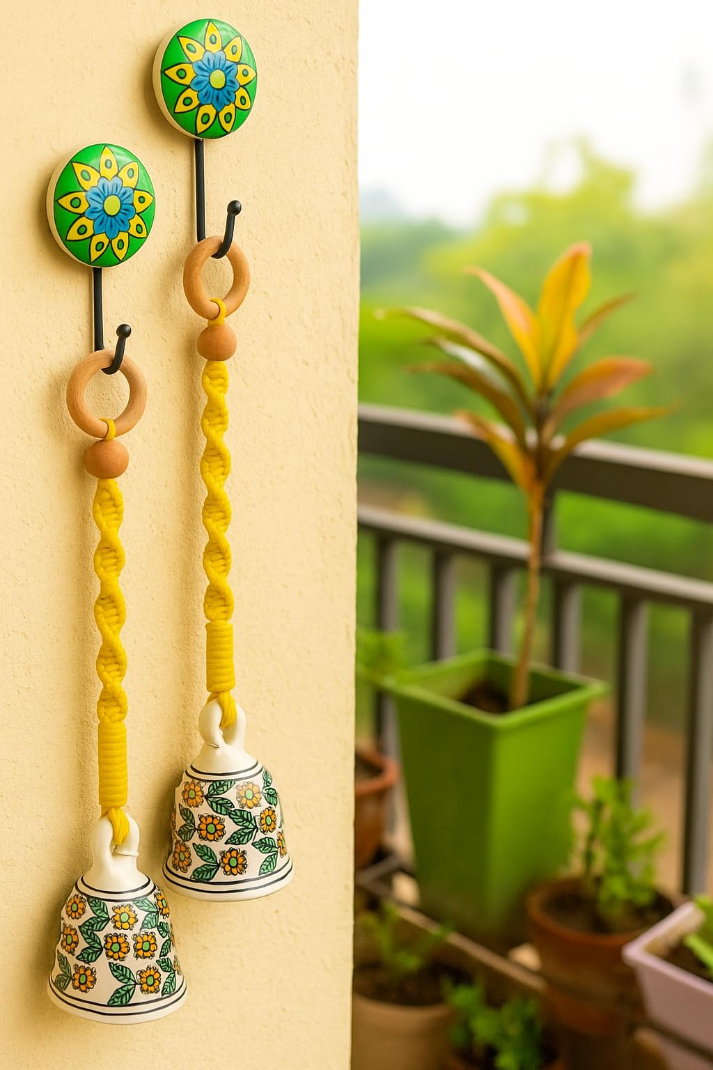Shopping Shots Boho Chic Ceramic Bells Set of 2 – 5" Hand-Painted Floral Macrame Bells with Ceramic Hooks, Large Size Elegance-image-6