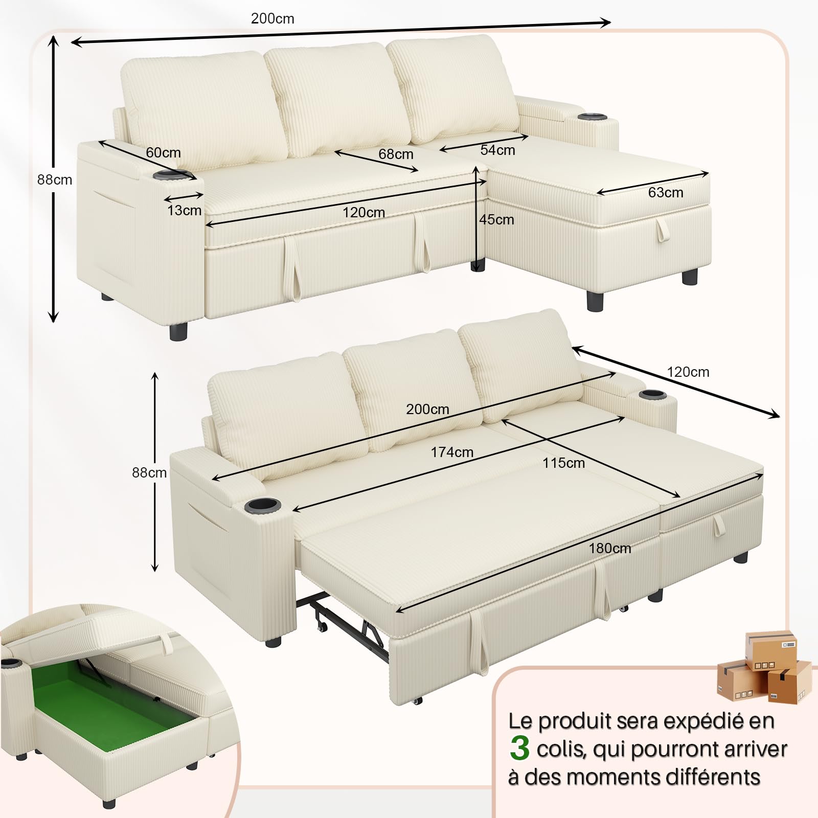 JUMMICO , canapé lit avec Rangement intégré et accoudoirs multifonctionnels, idéal pour Salon, Design Moderne et Pratique,Bureau et Petit Appartement, Beige