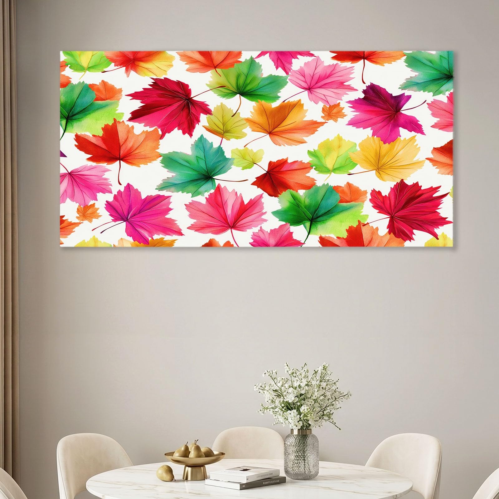 Obraz ścienny z ramą 120 x 60 cm, akwarela, obraz na płótnie do salonu, sypialni, kuchni, biura - różowy, naturalny, romantyczne liście klonu, dekoracja ścienna