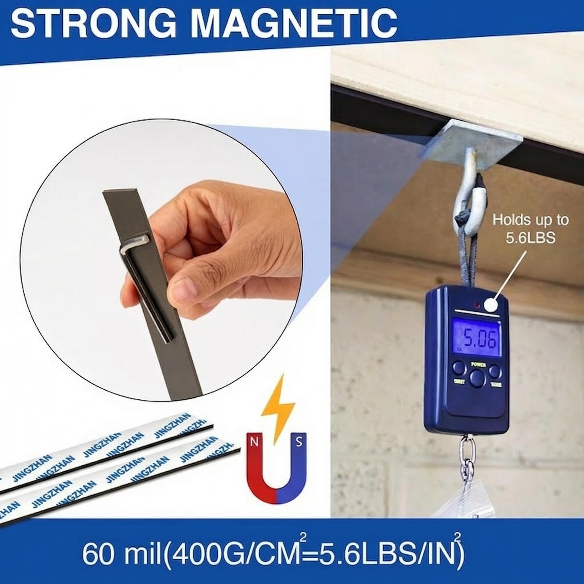 Paquete de 2 tiras magnéticas de neodimio, con respaldo adhesivo 3M (12 pulgadas de largo x 0.8 pulgadas de ancho x 0.06 pulgadas de grosor), cinta magnética flexible fuerte para cocina, sala de