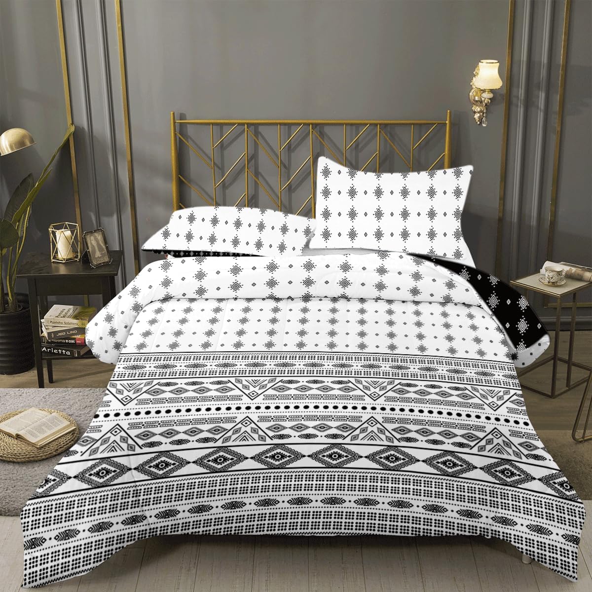 Queen Comforter Set, Boho Bedding Comforter Sets 3 Pcs Reversible Warm and Breathable Soft Bedding for All Seasons with 1 Comforter and 2 Pillowcases (White and Black, Queen)