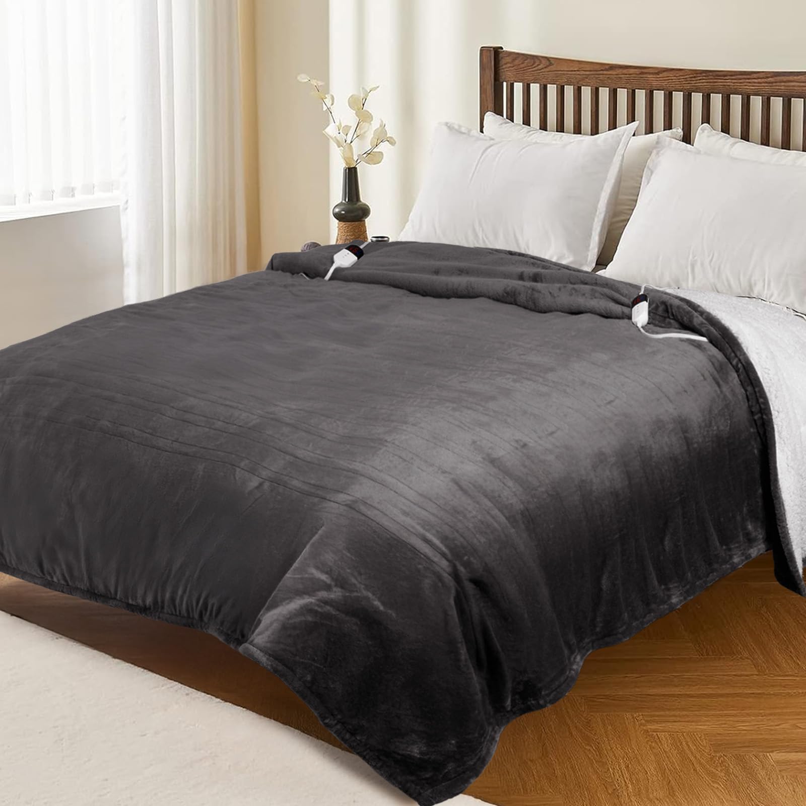 Photo 1 of HOW'S MY HOUSE Heated Blanket 84" x 90", Dual Control Electric Blanket Queen Size with 10 Time Settings & 6 Heating Levels, Over-Heat Protection, Flannel Sherpa Super Cozy with ETL Certification, Gray