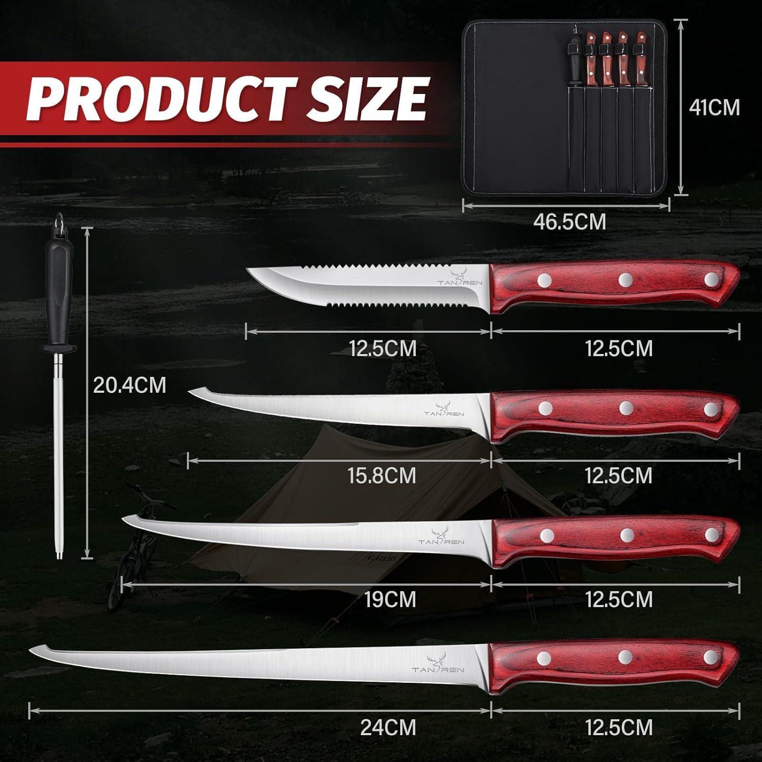 TAN REN Fillet Knife Set, 6 PCS Fish Fillet Knives, High Carbon Steel Filet Knives for Fish Scaling, Boning, Filleting, Fishing Knife Kit with Sharpening Rod and Bag, Fishing Gifts for Men