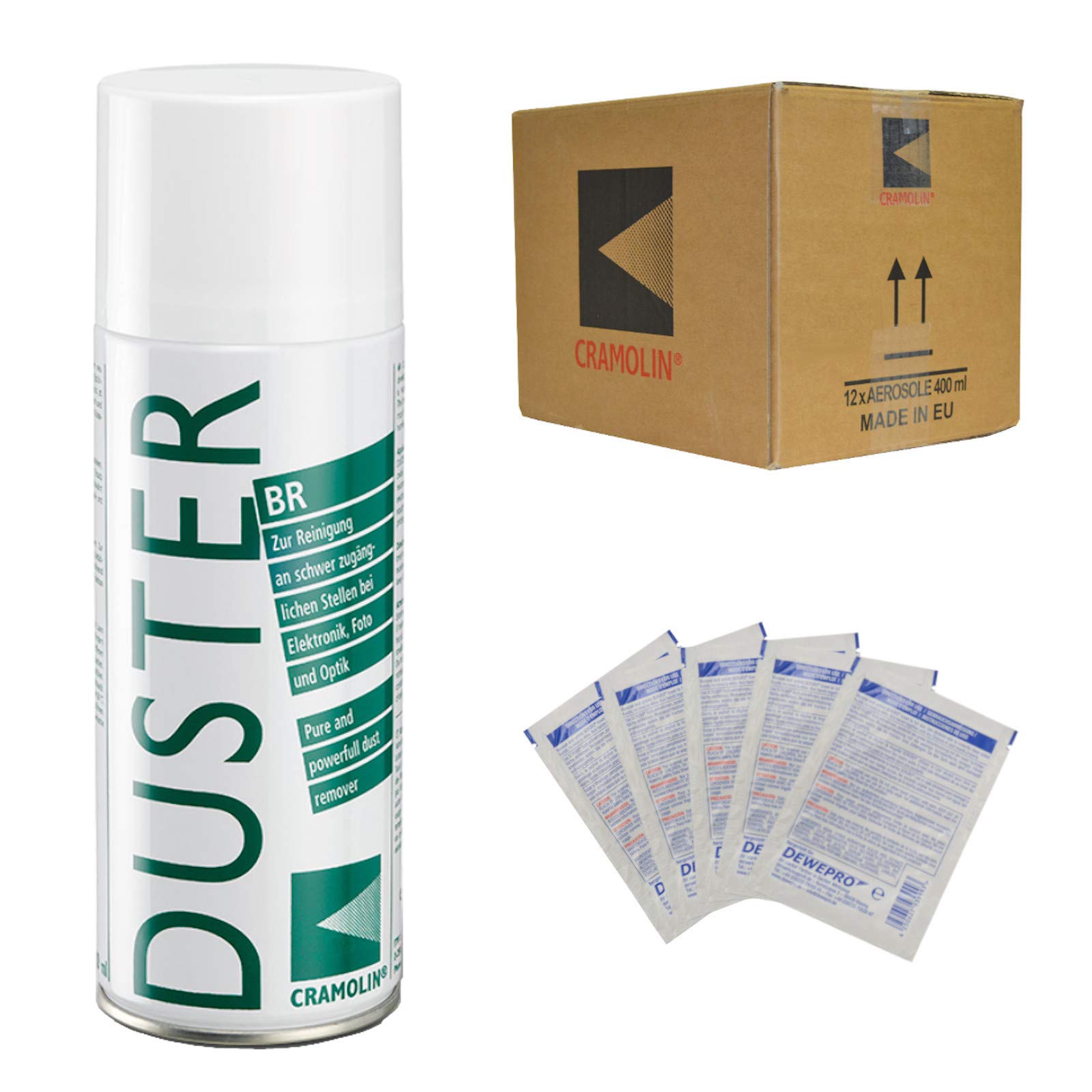 DUSTER BR – VPE: 12 x 400 ml – Spray ad aria compressa – per la rimozione della polvere in punti difficili da raggiungere – ITW Cramolin – 1471611 – incl. 5 pezzi DEWEPRO® SingleScrubs