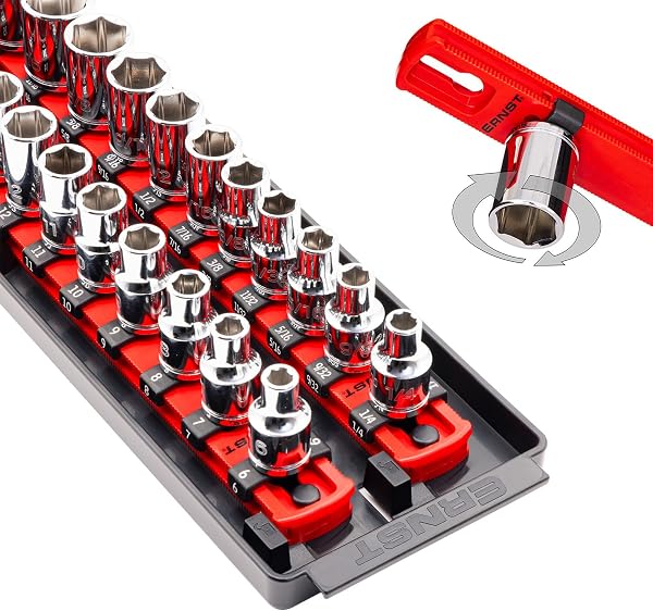 Ernst Manufacturing Twist-Lock Socket Boss, Premium 2-Rail 3/8-Inch-Drive Socket Organizer, 13-Inch, Red (8493) - 1