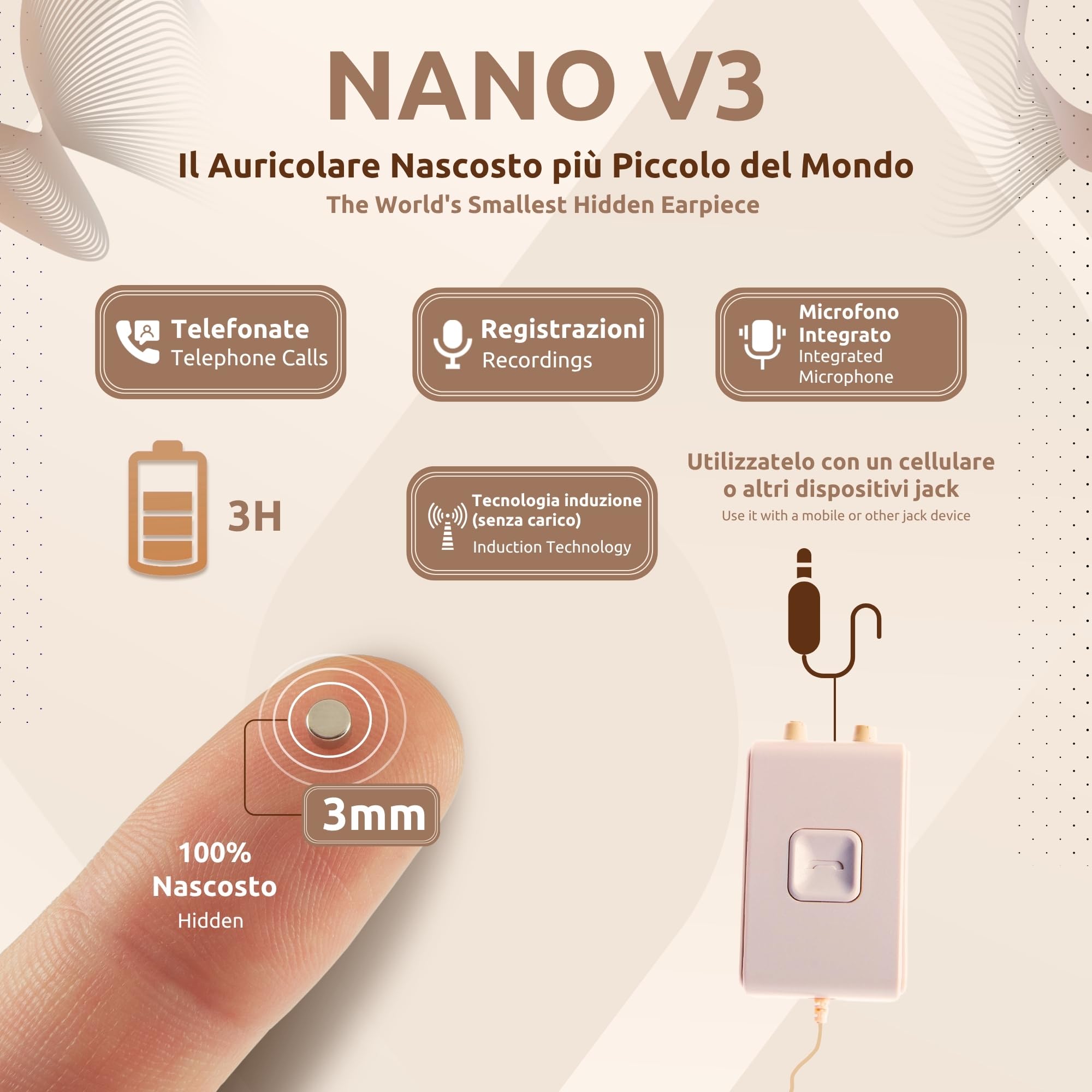 PingaOculto Auricolari Spia per Esami Microfono Cavo Nascosto (Nano V3) | Senza fili, Jack 3,5 mm, Microfono integrato, Pulsante multifunzione, Chiamate e registrazioni, Collare a induzione