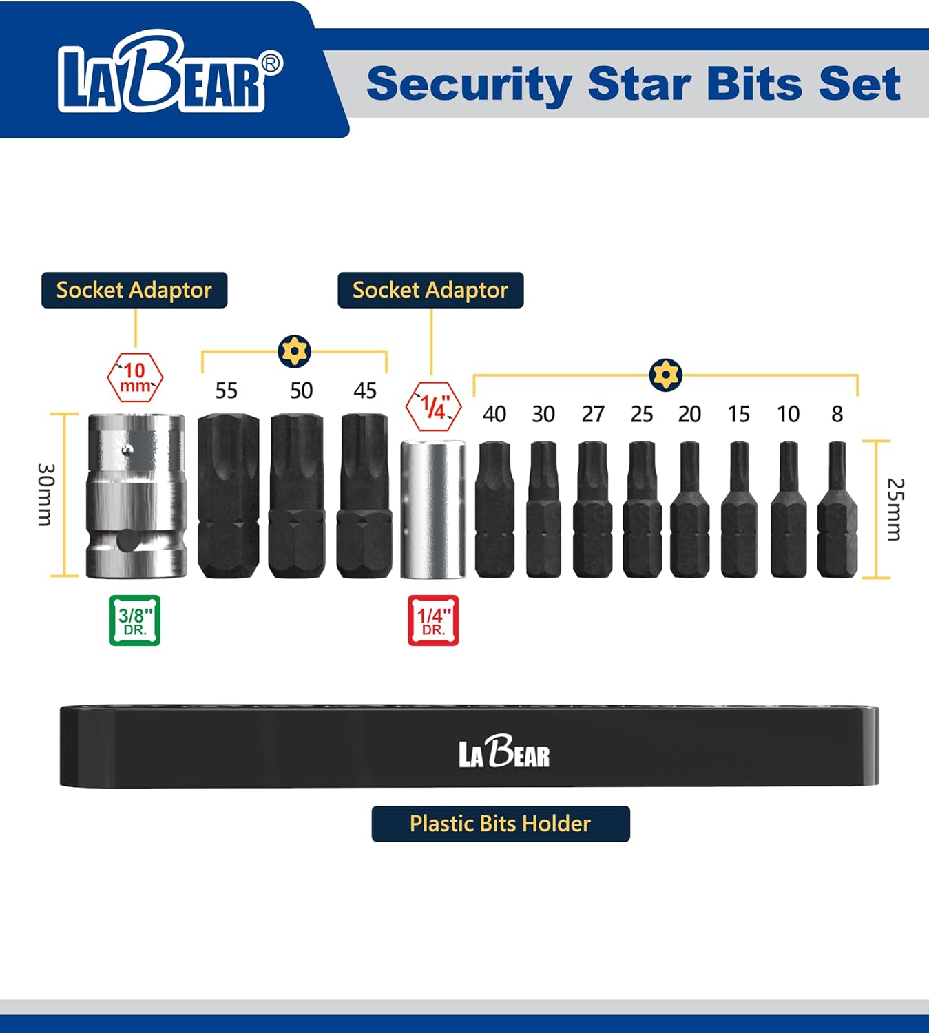LABEAR 13‑Piece Torx Screwdriver Bit Set, S2 Alloy Steel Star Bits T8–T55, 1/4" Hex Shank (T8–T40) & 10 mm Drive (T45–T55), Impact‑Driver Compatible, Manganese Phosphate Finish, Organizer Holder