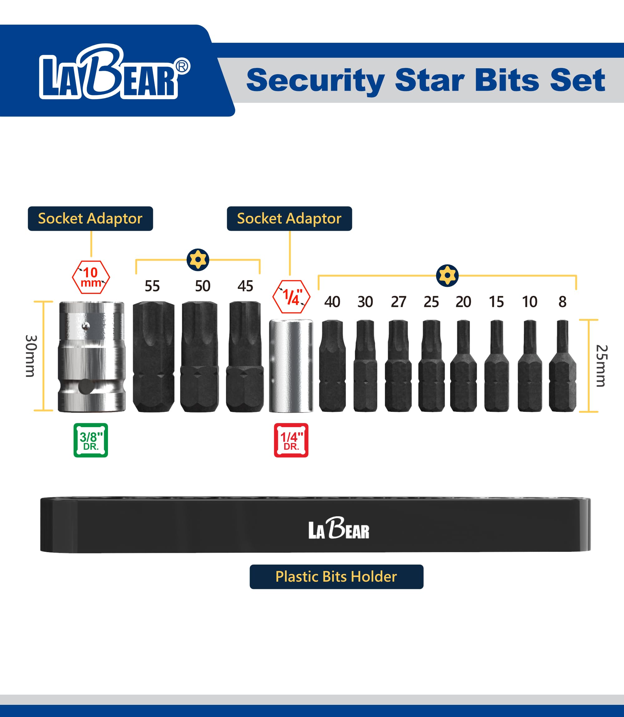 Labear Tools Snapklik.com : LABEAR-13pcs Tamper Proof Torx Bit Set