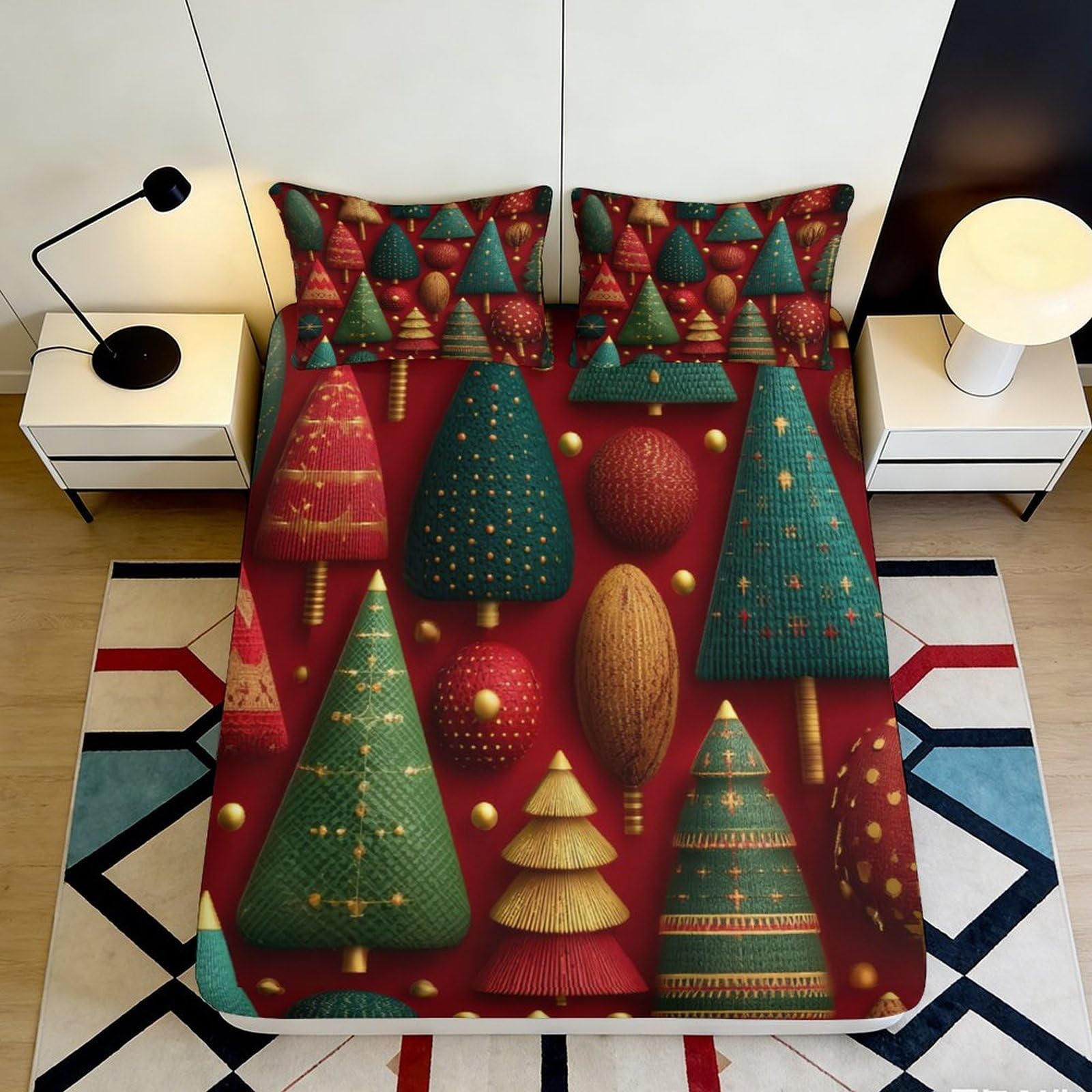 Qjzxknhpgr Style-3 3D Printed Christmas Tree Red Fitted Sheet Microfiber Soft Breathable Holiday Ornament Bed Cover Bedroom Decor 90X200x25cm
