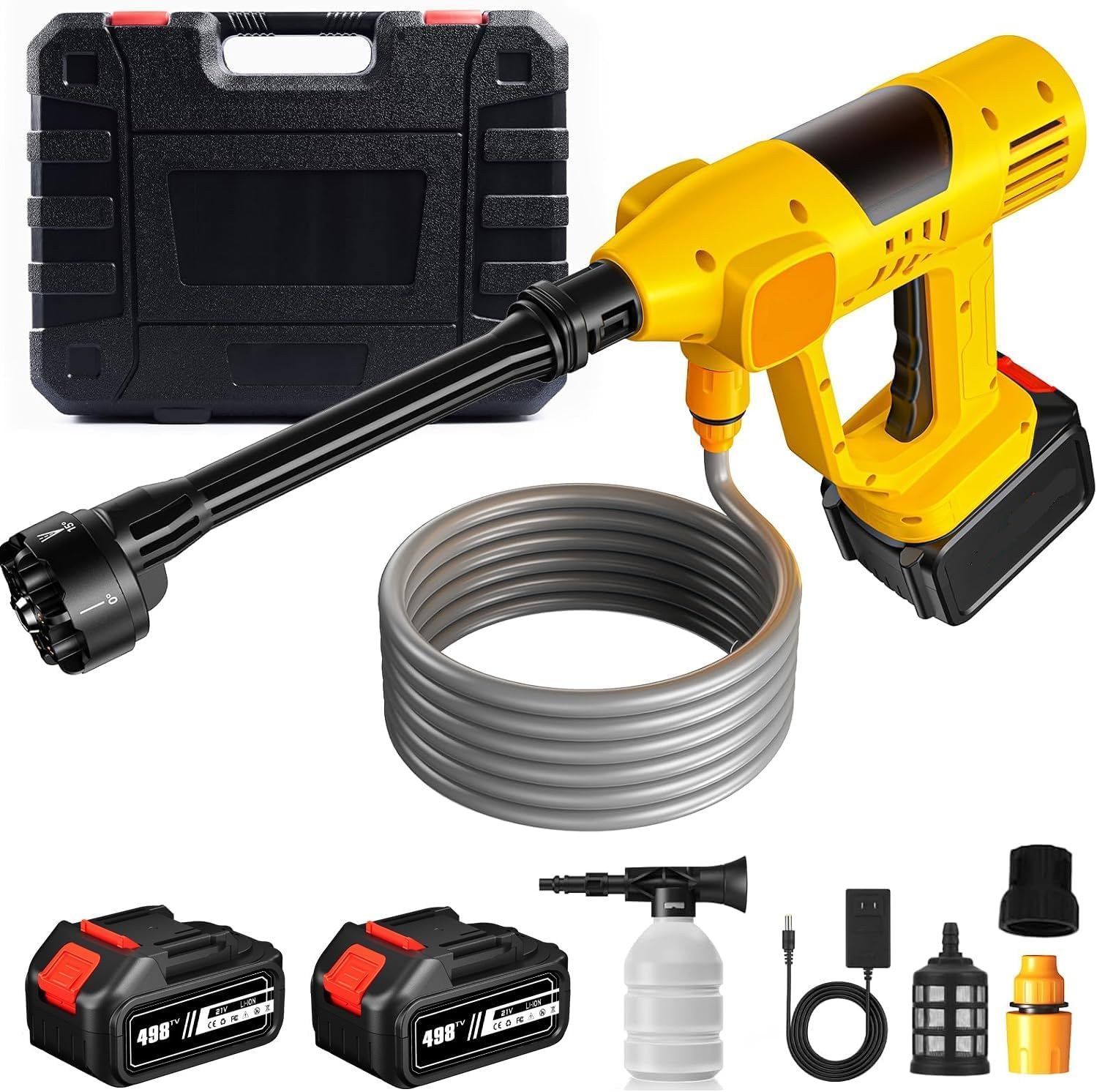 Hidrolimpiadora de Alta Presión Batería 21V MAX 65Bar con Pantalla LCD de Potencia y 10 Velocidades, Portátil para Limpieza de Coches y Jardín (con 2x6000mAh Baterías)