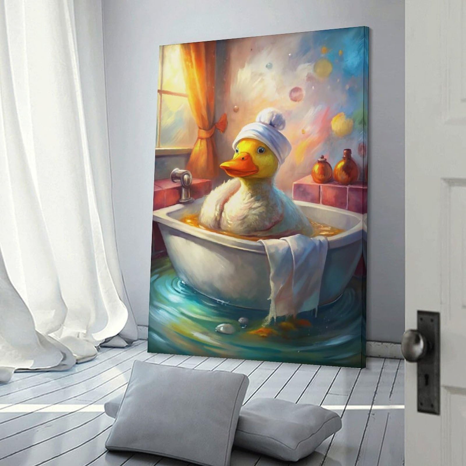 Junmoney Wall Decor Canvas Print Duck in Bathtub with Towel Hat, 20x30inch(50x75cm), for Study, Office Or Focused Interiors, Wall Art That Adds Style to Work Areas