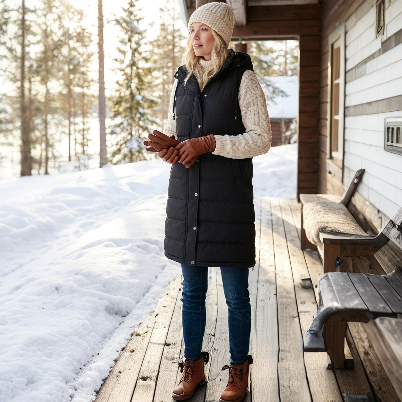 Chaleco Acolchado Mujer sin Mangas Largo Outwear Elegante Abrigos con Capucha