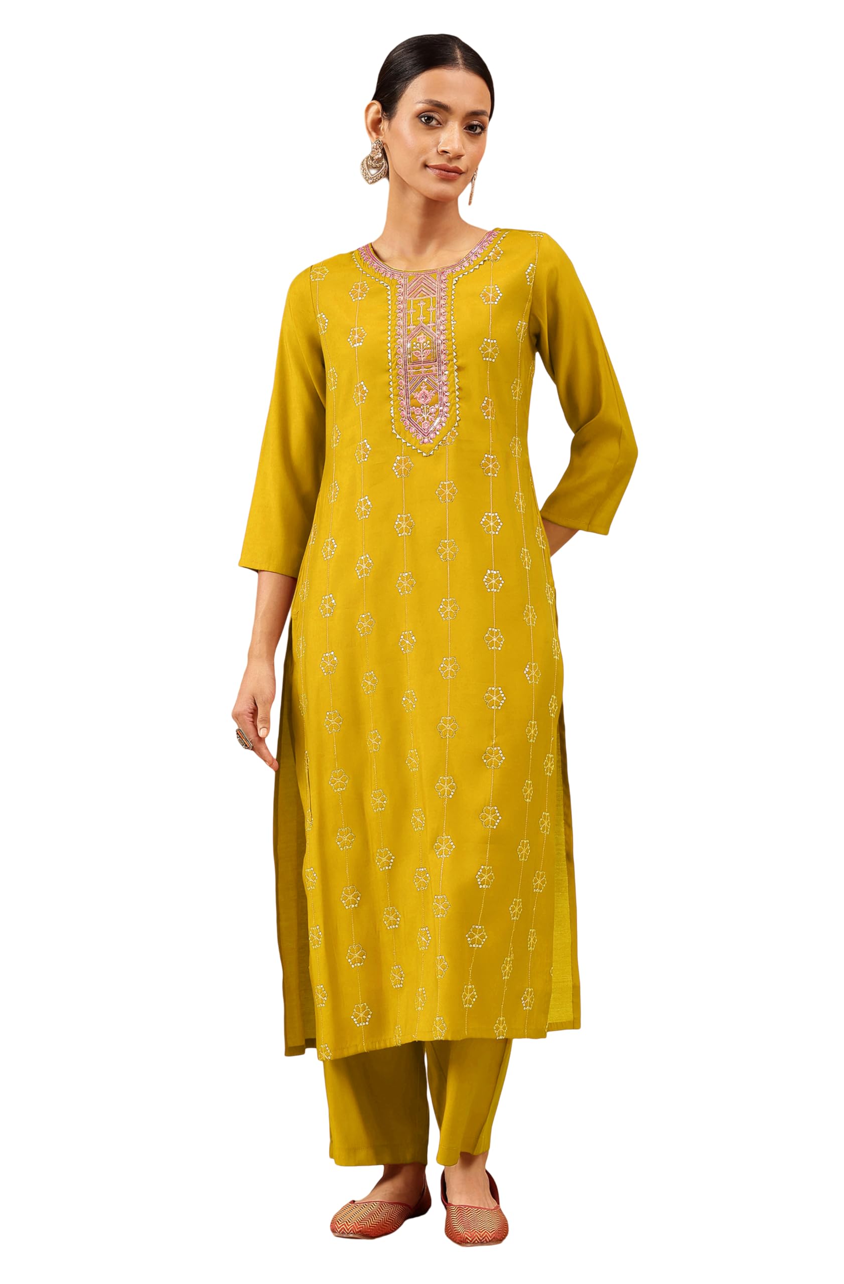 janasya Women's Chanderi Silk Embellished Straight Kurta Pant Set-picture-42