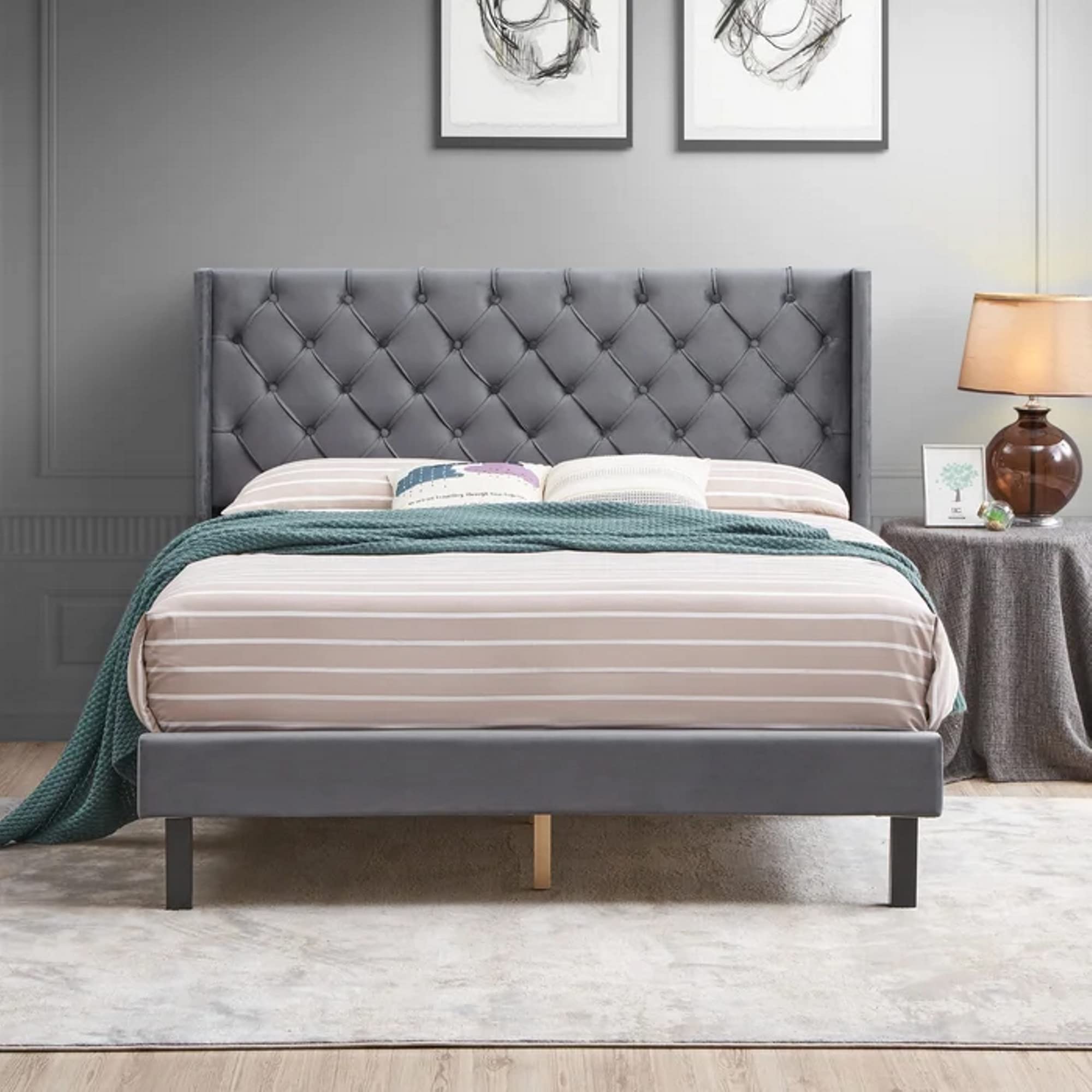 STRATA FURNITURE Wooden Queen Size Bed Upholstered Double Bed Cot Bed Furniture for Bedroom Living Room Home (Grey Finish)