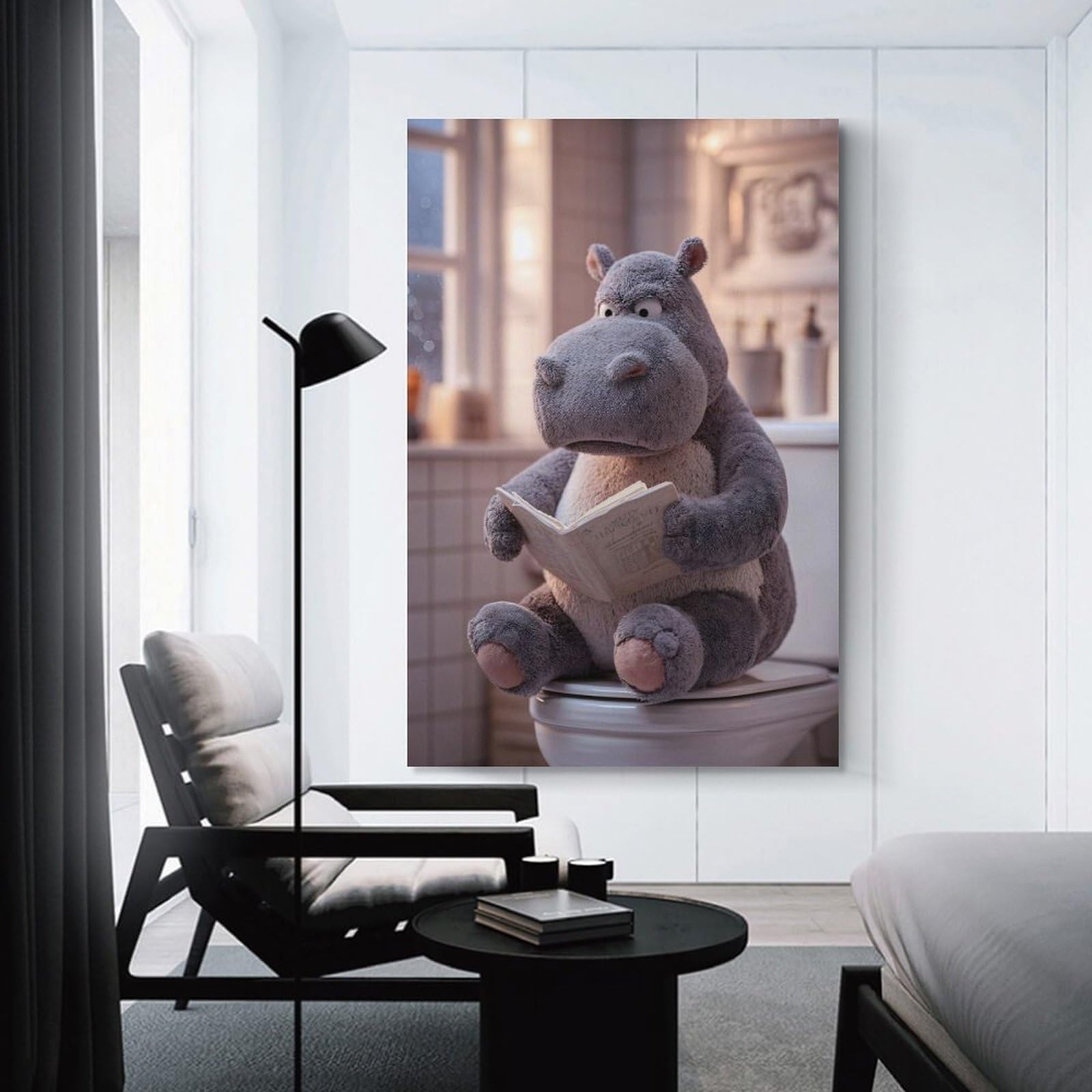 Junmoney Hippo Reading on Toilet Canvas Wall Picture, 12x18inch(30x45cm), for Wall Displays, Bedrooms Or Room Updates, Wall Decor Suited to Curated Displays