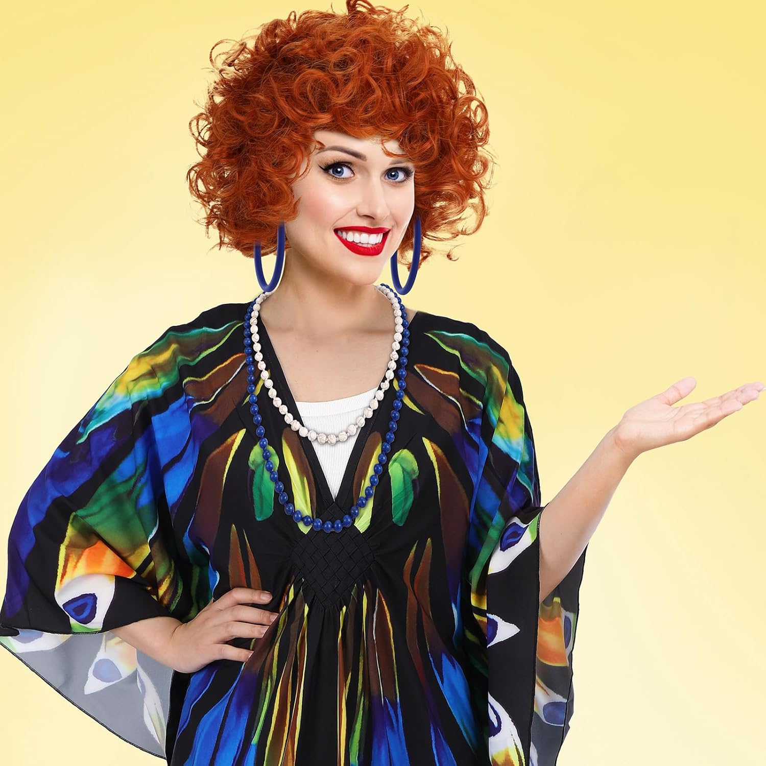 5 Pcs Halloween Women Landlady Costume Set with Print Caftan Dress Curly Wig Bead Necklace Earring for Cosplay Party - Image 6