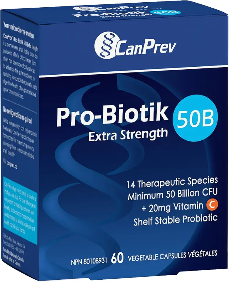 CanPrev Pro-Biotik 50B Extra Strength, 60 Caps 10-Day Supply - 50 Billion CFU - High Potency Digestive Support, Probiotic Supplement with 14 Strains, Enhances Gut Balance, Supports Digestive Comfort