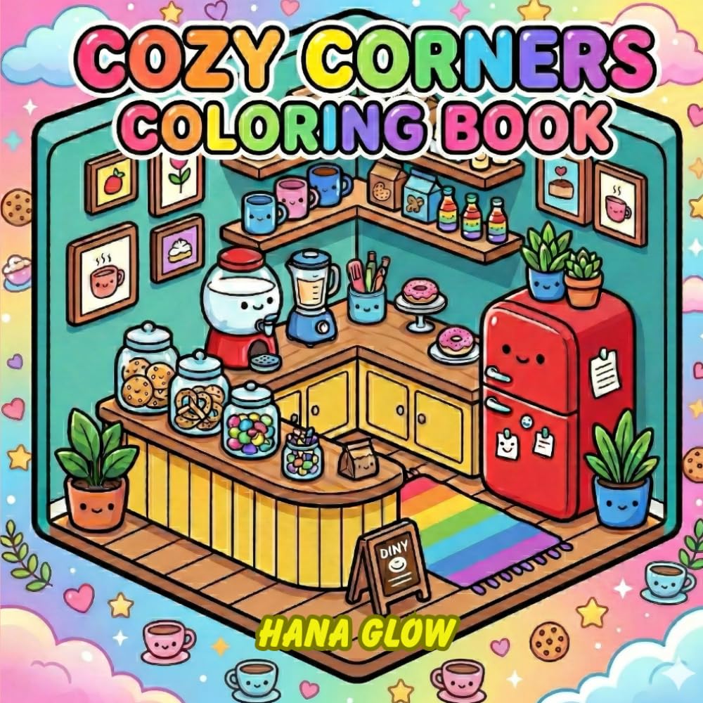 Cozy Corners Coloring Book for Adults & Teens: 50+ Super Cute Kawaii Rooms, Comfy Corners, Hygge Spaces, and Relaxing Home Scenes for Stress Relief & Creativity.