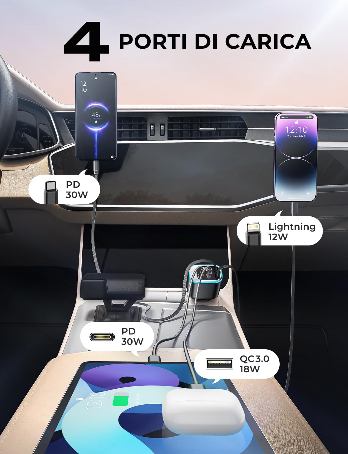 Rolgno Retrattile Caricatore Auto, [4 Porte Ricarica Rapida] 72W Presa Accendisigari USB C Auto, PD30W & QC3.0 Carica Batteria per Auto Cellulare, [Cavi Doppia da 65cm] USB Auto per iPhone/Galaxy/iPad