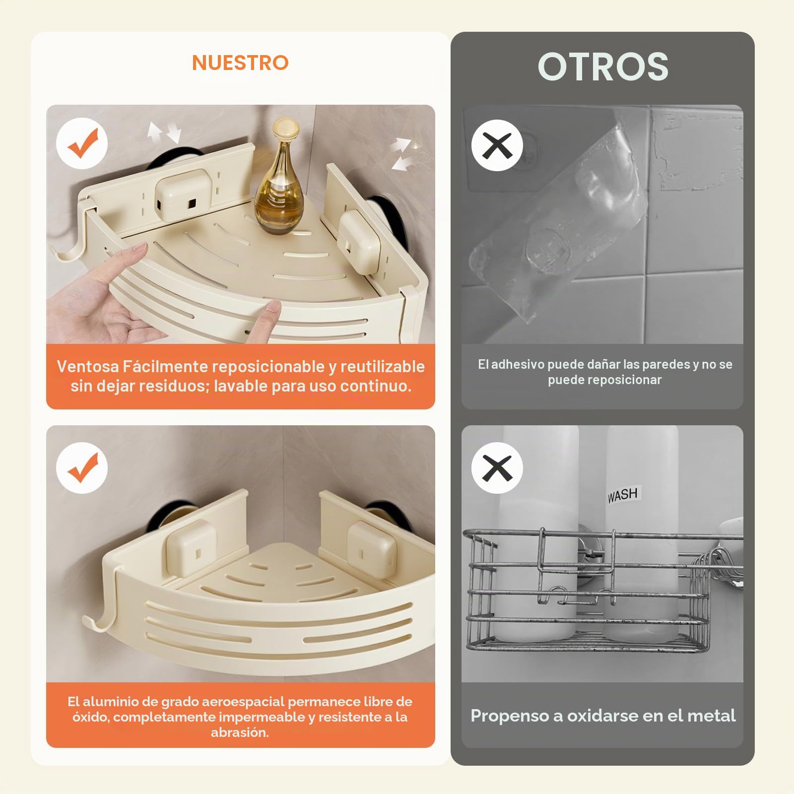 Lekesky Estante Ducha sin Taladro Esquina con Toallero y Ventosas Fuertes, Aluminio Antioxidante y Extraíble, Ideal como Estantería de Baño y Organizador Ducha para Baño y Cocina, 2 Uds, Crema