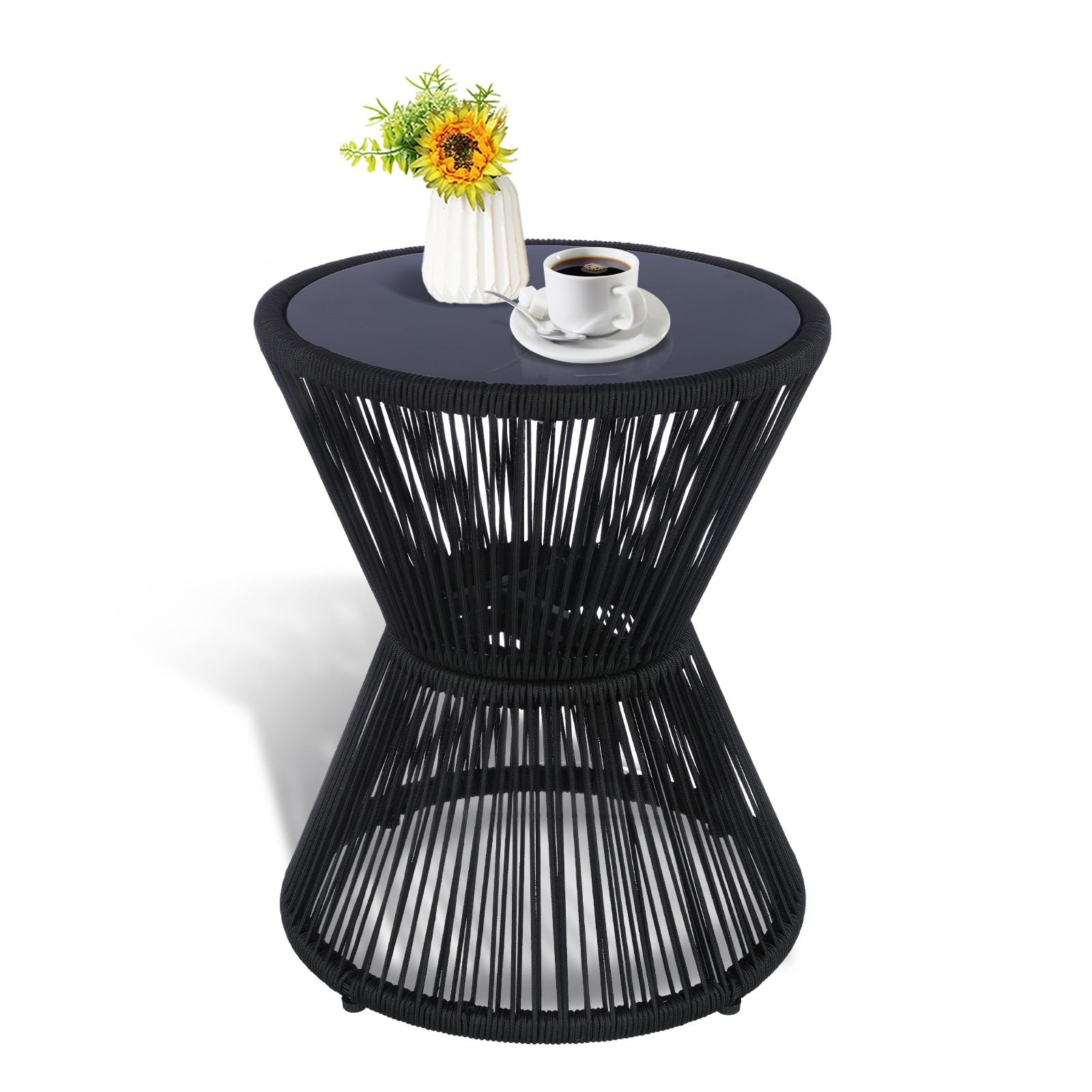 LEWIS&WAYNE Small Outdoor Side Table Patio 20’’ H Woven Rope Hourglass End Table with Glass Top Round Coffee Table for Living Room Outdoor Patio