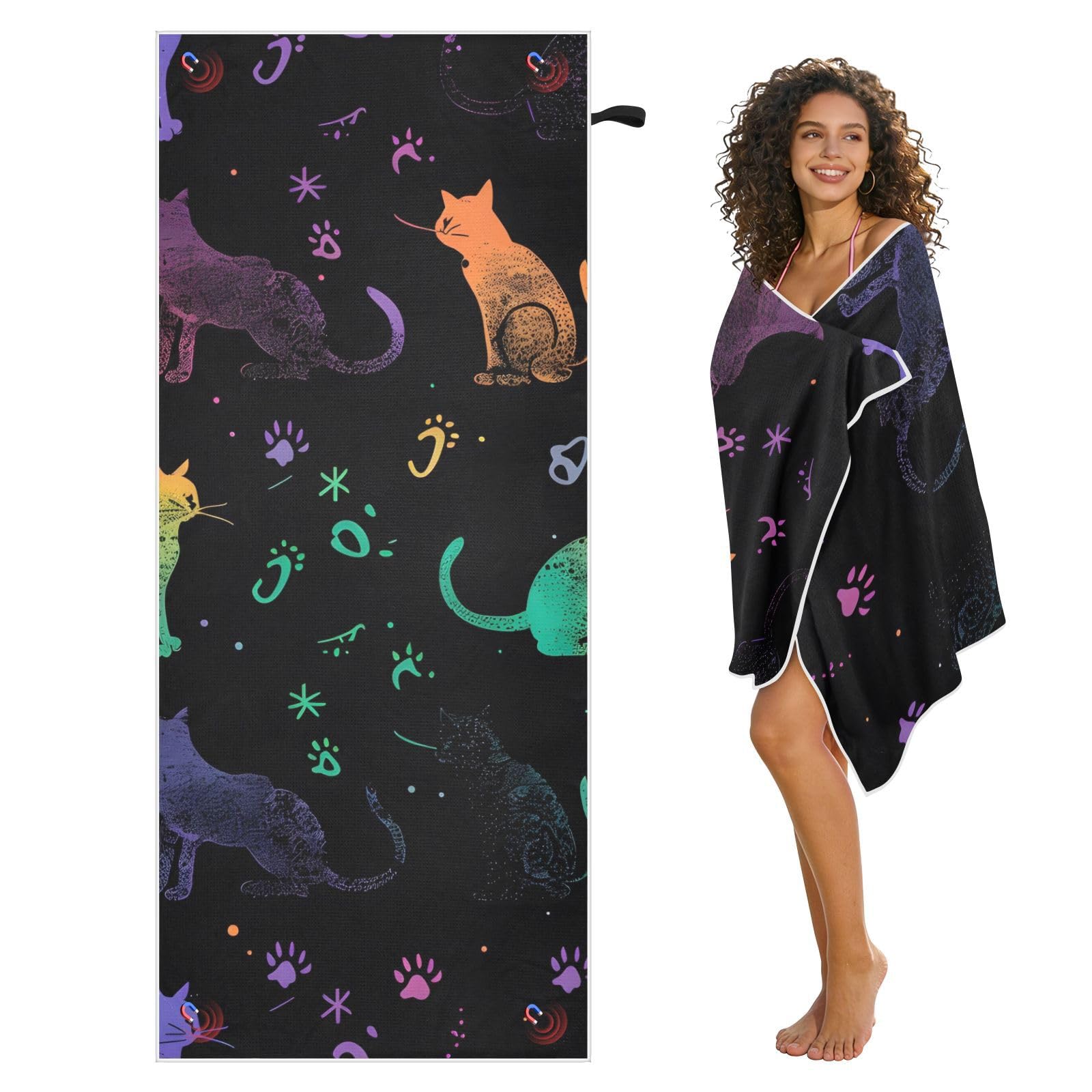 Grande serviette de plage avec sacs en maille pour adultes, chats magiques et pattes – Serviette de bain colorée avec fermeture magnétique, anti-sable, absorbante à séchage rapide pour piscine