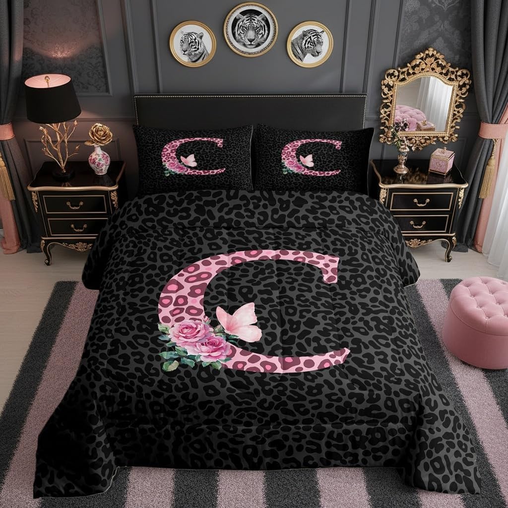 Castle Fairy Leopard Print Twin Size Comforter Set,Monogram Letter C Duvet Set Soft Bed Collection,Cheetah Skin Flower Pink Black Bedding Comforter for Boys Girls Bedroom,2 Pcs