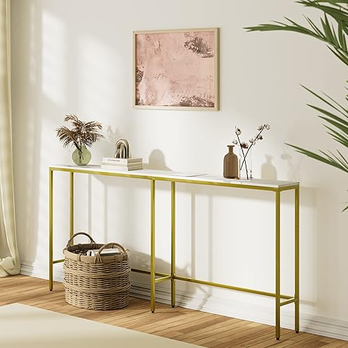 Miniatura 8 de SONGXIN Mesa consola de 70.9 pulgadas, moderna mesa de sofá larga extra estrecha detrás del sofá, mesa de entrada delgada con marco de metal dorado