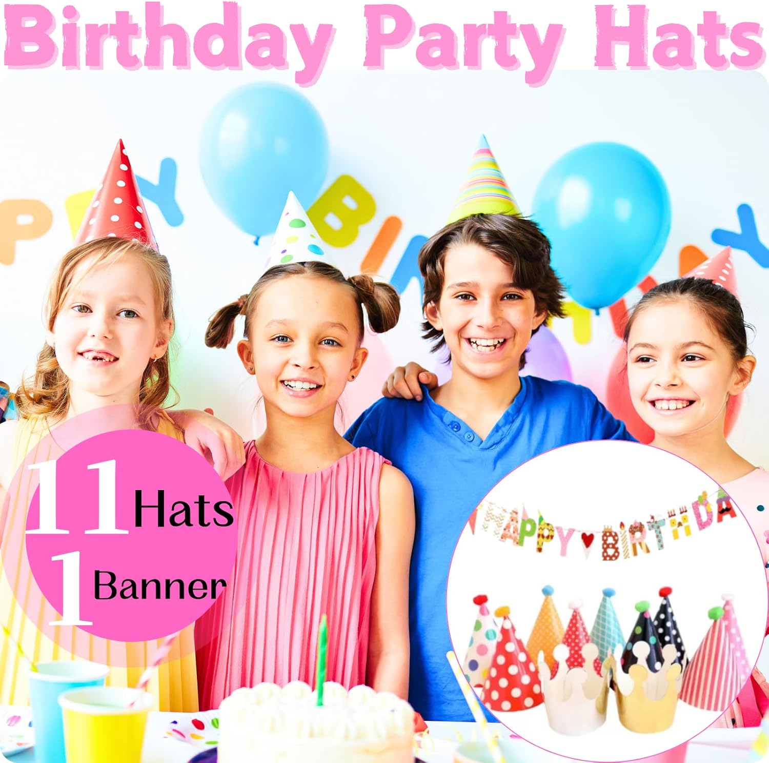 Cayton Party Hats Set for Kids, 11 PCS Birthday Party Triangle Hats, Cute Hat Strap With 1 PCS Banner for Birthday Party Decoration