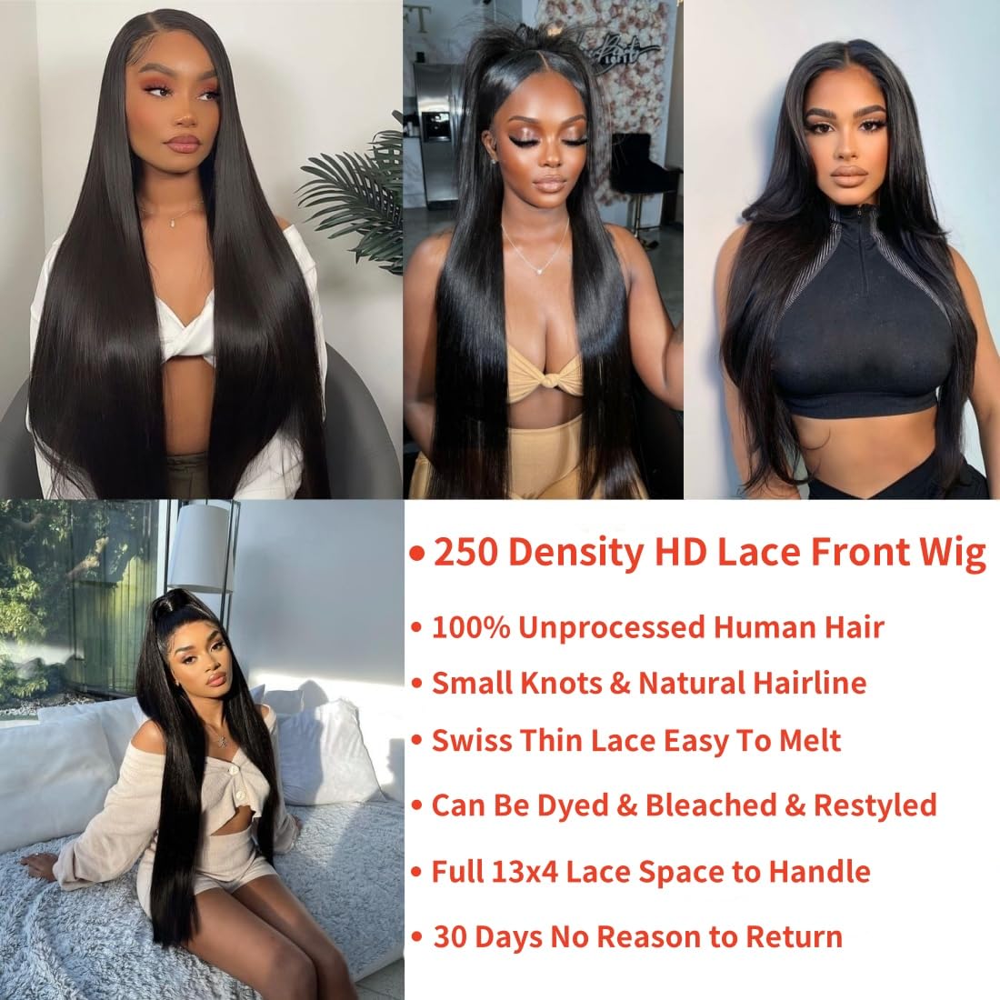 BELE 250% Density 13X4 HD Lace Front Wigs Human Hair Straight Lace Front Wigs Human Hair pre plucked 12A Glueless Frontal Wigs for Women Natural Black (250 Density Straight Wig 26inch)