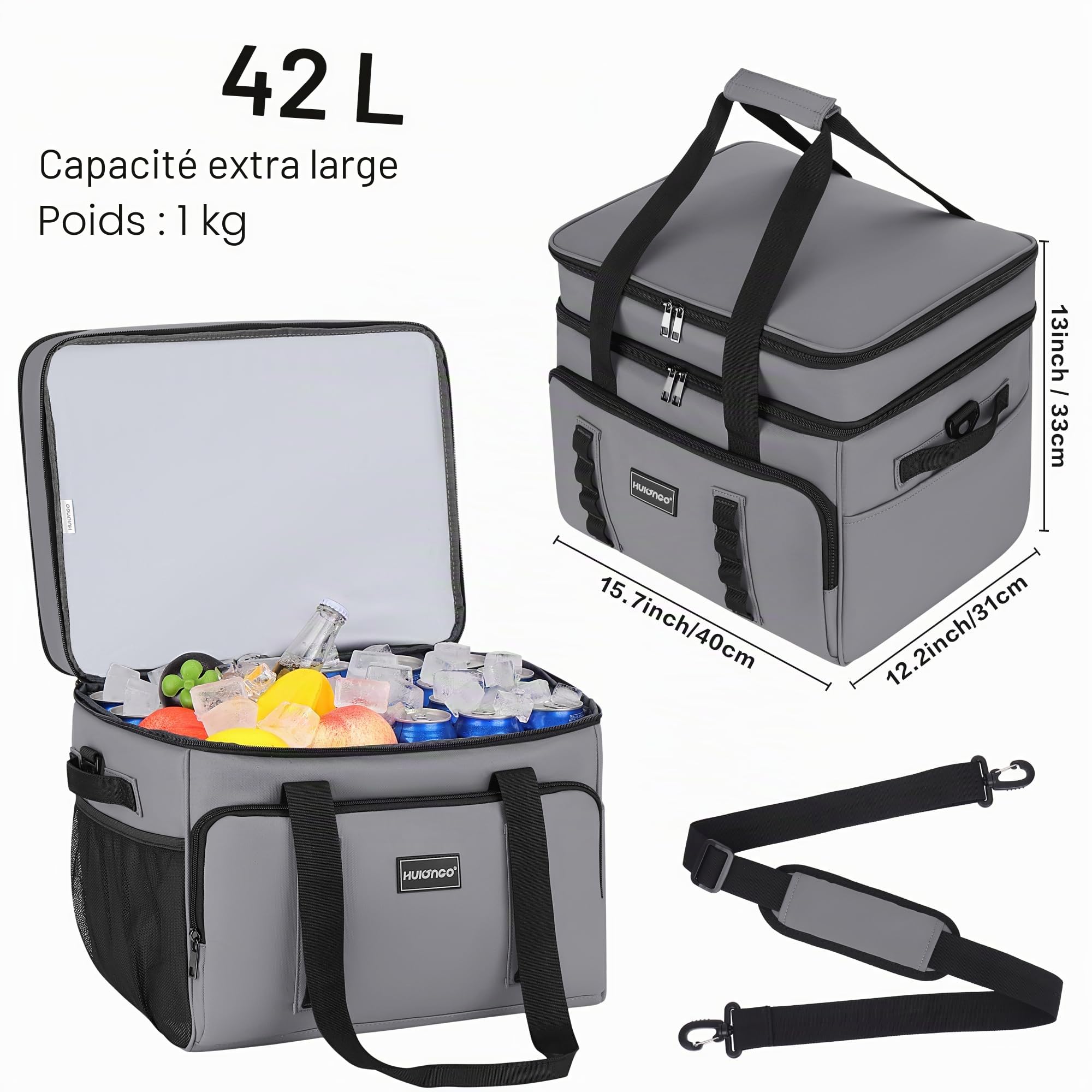 Hulongo Glacière Grand Pliable Sac Isotherme Imperméable Souple Glaciere pour Pique Nique, Courses, Camping, Voyage, Épicerie et Pêche, 42L