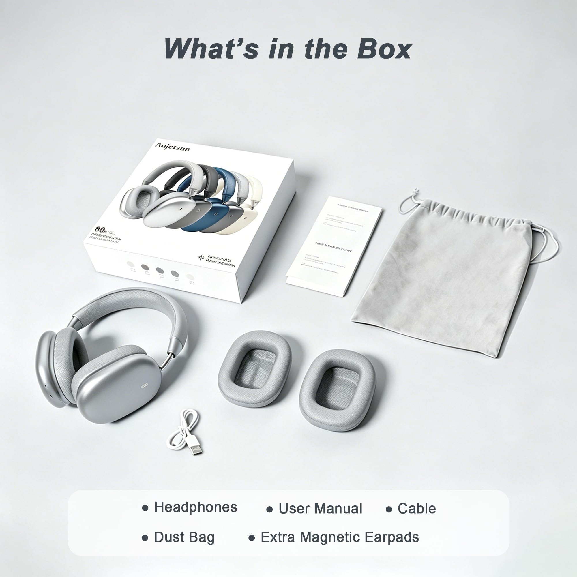 Cuffie over-ear wireless, auricolari magnetici staccabili, cuffie Bluetooth con cancellazione del rumore, 80 ore di autonomia, morbide e confortevoli, con microfono, per lavoro, viaggi, F7