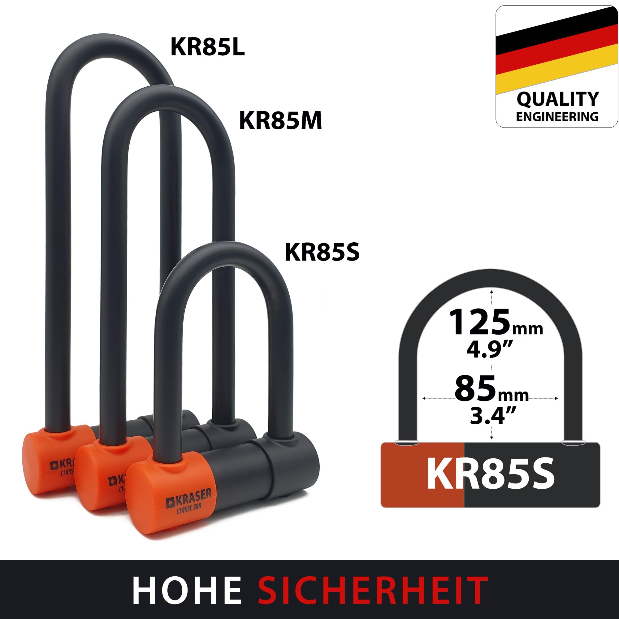 KRASER KR85S Anti-Diebstahl Motorrad Fahrradschloss Bügelschloss Vorhängeschloss U Homologiert SRA-Schloss Sicherheit Solides Schloss 85x125 Ø18 Diebstahlsicherung Motorräder Motorroller Fahrrad