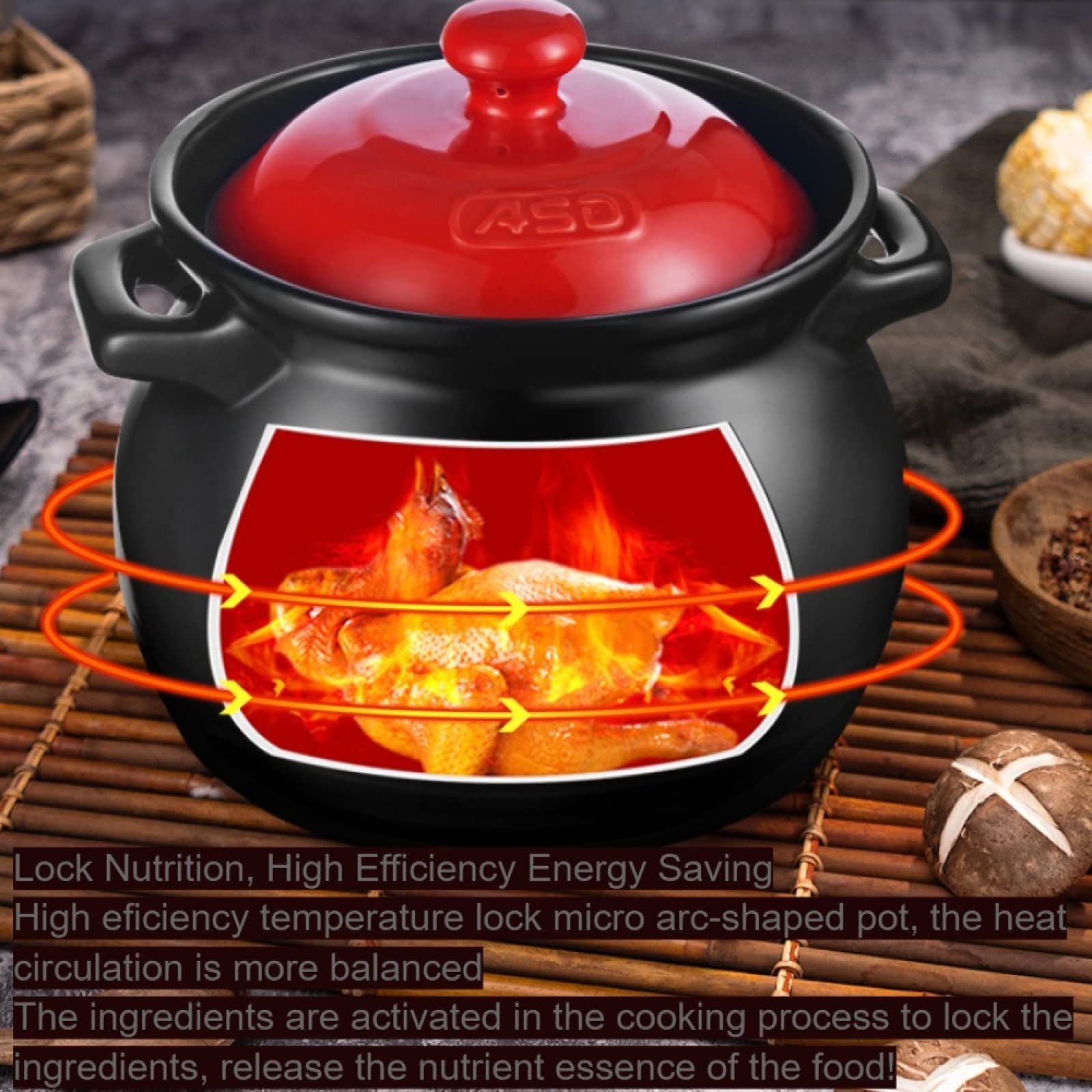 Pentola in terracotta per cucinare Pentola in ceramica Cottura in casseruola cinese Pentola per stufato sicura con coperchio per cucinare fagioli, riso, zuppa, pentola per stufati, nero-2,5 l (nero
