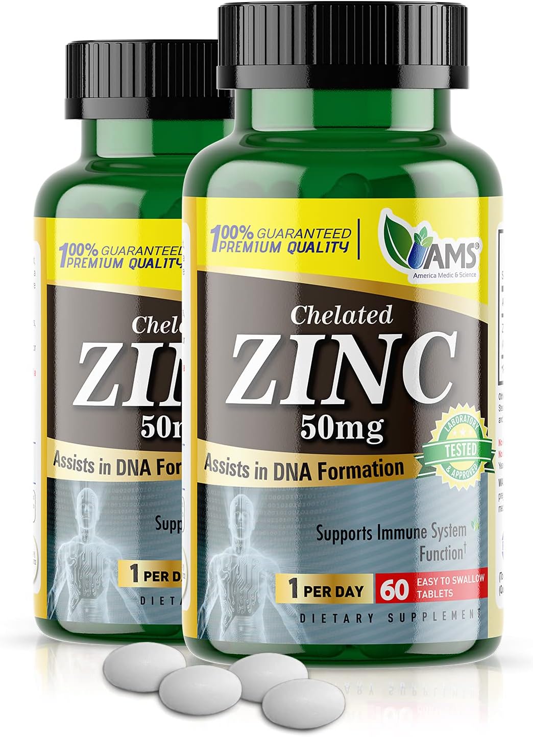 Chelated Zinc 50 mg Supplements (2 Pack of 60 Tablets) Immune Booster and Powerful Antioxidant Pills for Adults Men and Women | Highly Absorbable Mineral, Improves Mood & Sleep