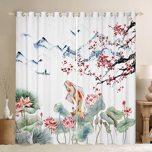 Cortinas japonesas de Ukiyo E Koi Fish para adolescentes, cortinas florales de loto para dormitorio, sala de estar, niños, flores de cerezo