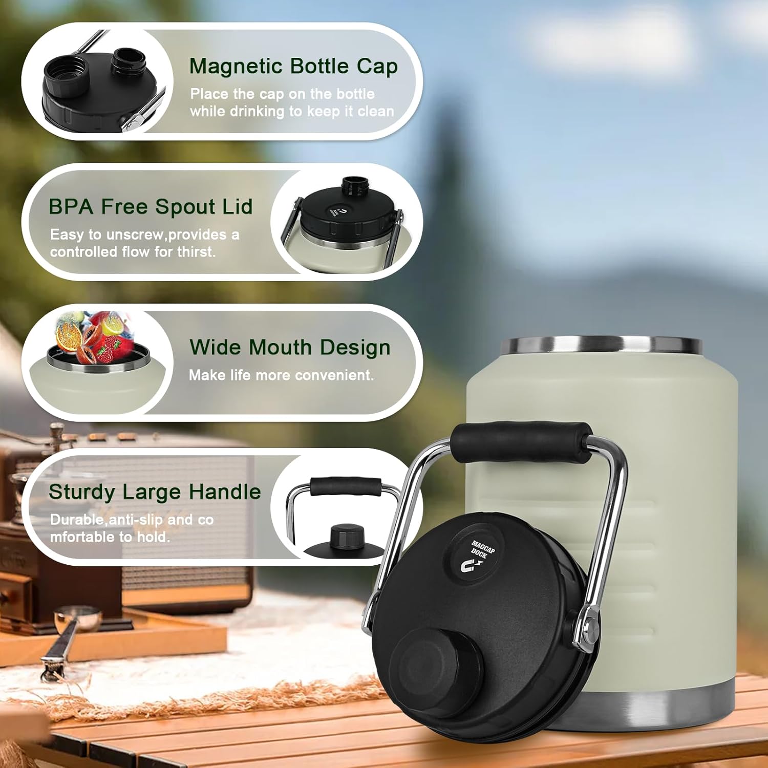 54oz insulated Water Bottle, Half Gallon Water Jug BPA Free&Leak Proof, Stainless Steel Water Jug with Metal Handle, Sports Gym School Camping Hiking Metal Flask